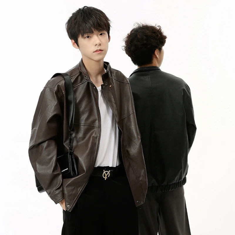 Men's PU Leather Jacket - American Style Casual Stand Collar Zipper Coat | Solid Color Loose Fit Male Outerwear | Perfect for Streetwear, Night Out & Fall Fashion