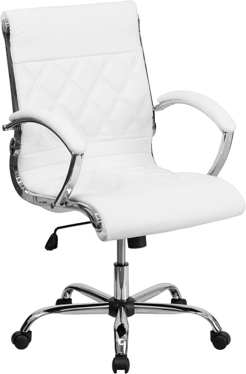 FLASH Merideth Mid Back Designer Black LeatherSoft Executive Swivel Office Chair with Chrome Base & Arms - Ergonomic Desk Chair for Home Office, Conference Room & Workspace