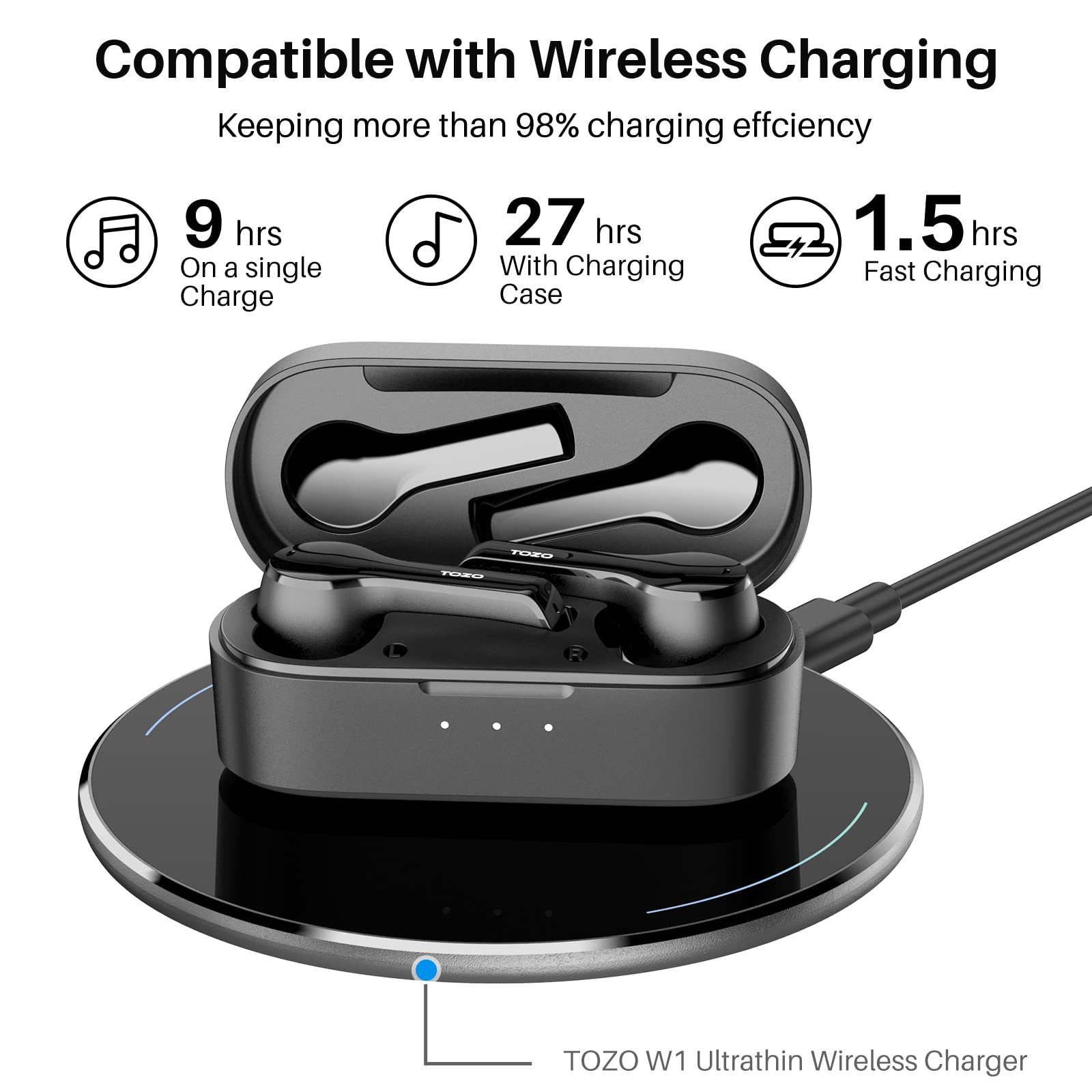 TOZO T9 True Wireless Earbuds with Active Noise Cancelling, 4 Mics for Crystal Clear Calls, Deep Bass, Bluetooth 5.3, IPX7 Waterproof, Wireless Charging Case - Black (Renewed) - Perfect for Workouts, Commuting & Travel