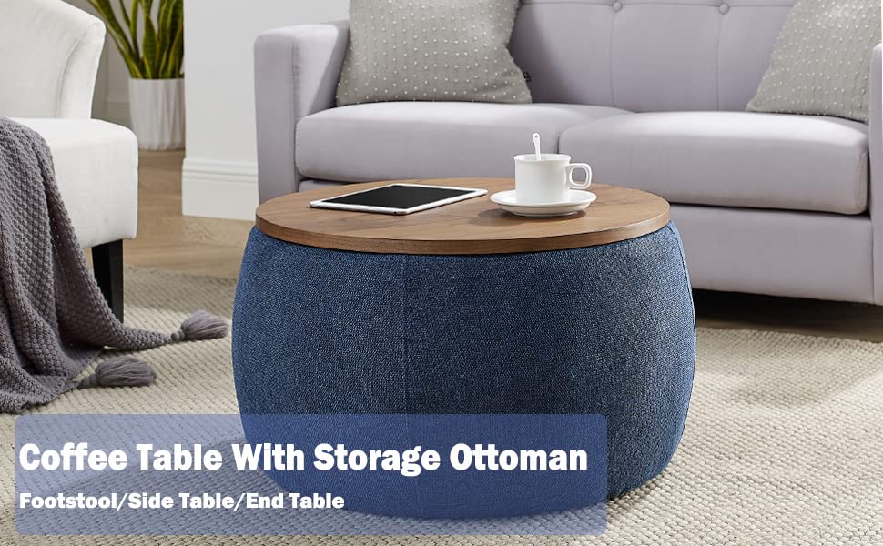 Modern Round Storage Ottoman with Wooden Lid - Handmade Circle Ottoman Coffee Table, End Table & Footstool for Living Room, Bedroom, Office - Navy Blue Fabric Storage Bench for Shoes, Blankets & Home Decor