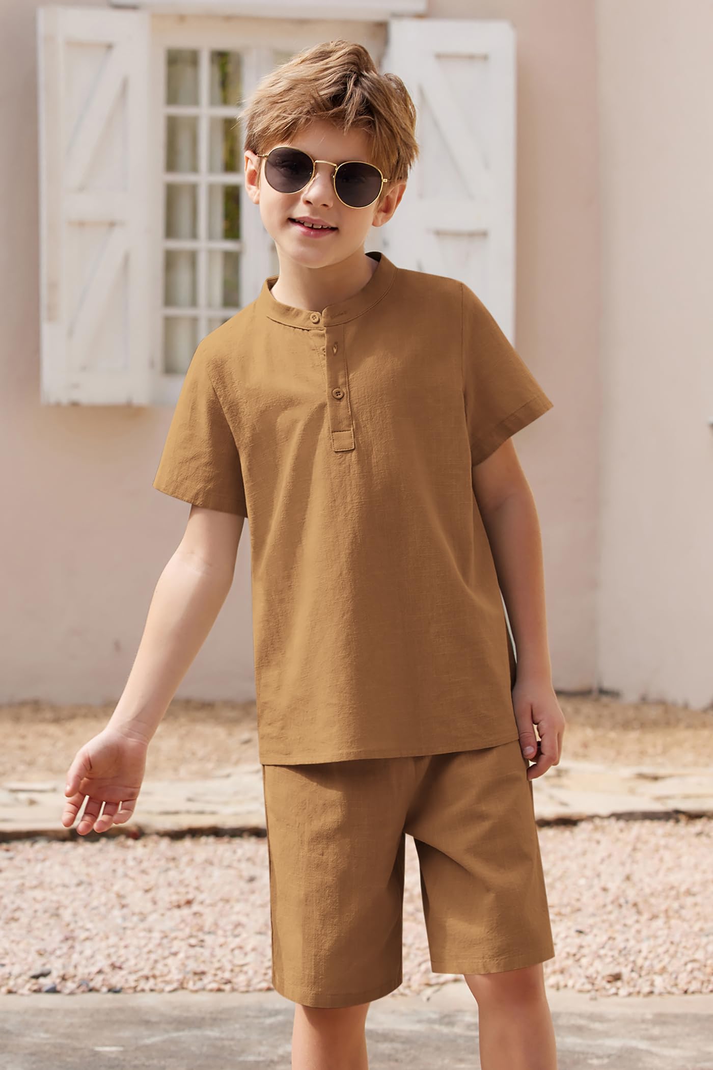 Arshiner Boys' 2-Piece Cotton Linen Outfit Set - Casual Henley Shirt & Short Sleeve Beach Shorts for Summer (5-12 Years) | Perfect for Beach Vacations, Playdates & Outdoor Adventures
