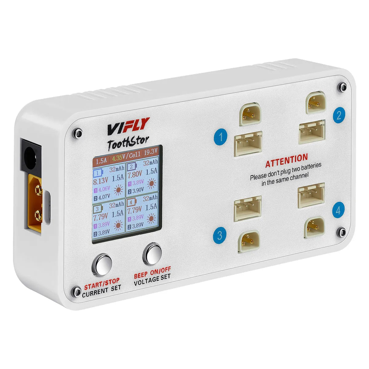 VIFLY ToothStor 4-Port 2S LiPo Battery Balance Charger with Storage Mode - Perfect for RC Drones, Cars, and Airplanes