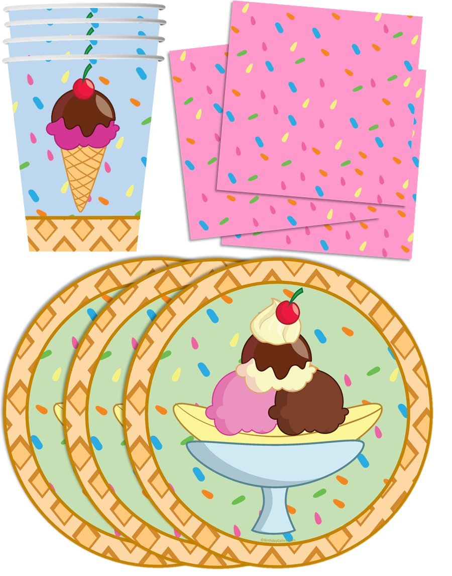 Ice Cream Party Supplies Kit for 16 - Colorful Tableware Set with Plates, Napkins, Cups & Sprinkles - Fun Birthday Decorations for Kids, Summer Treats & Dessert-Themed Celebrations