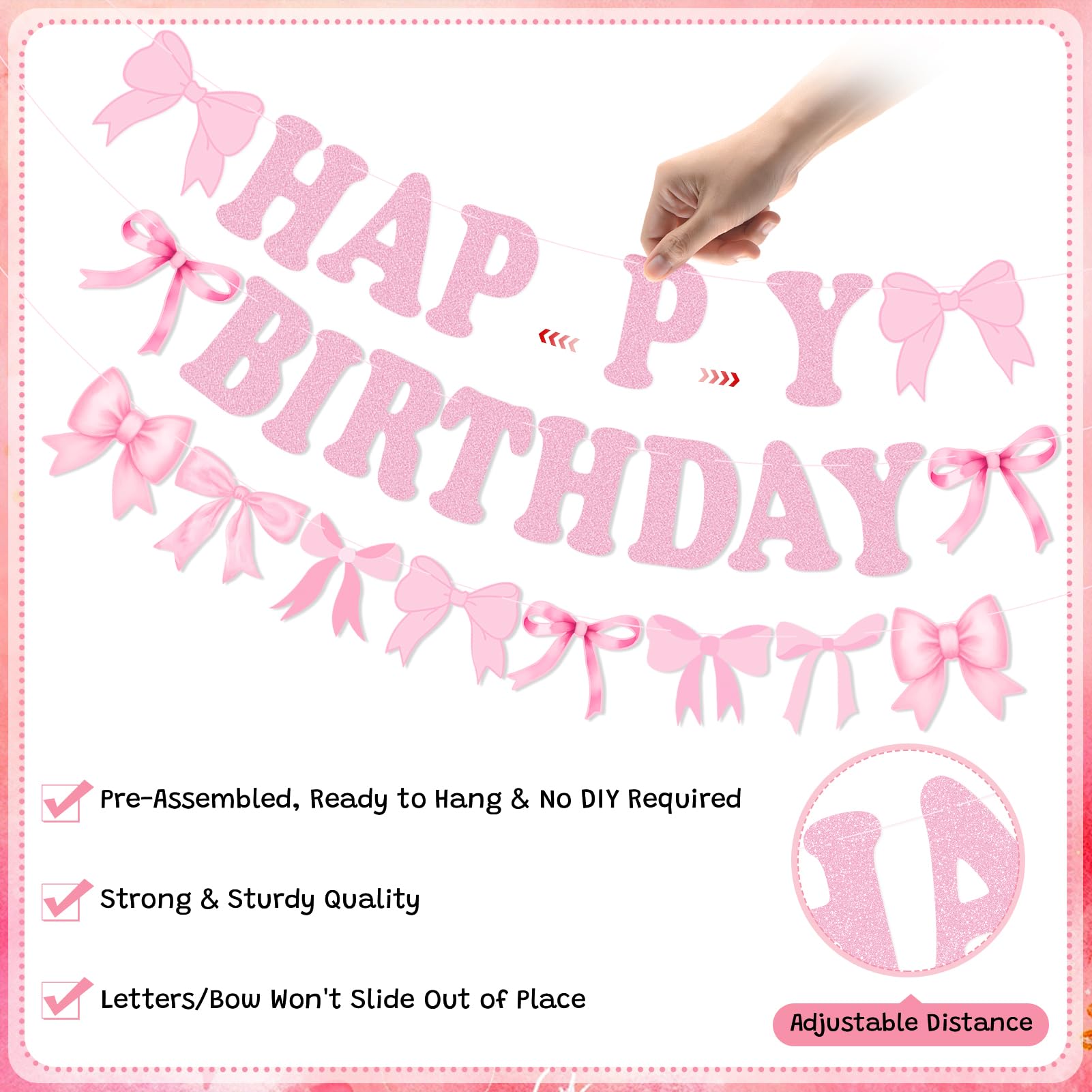 Happy Birthday Banner with Pre-Strung Pink Bows - Elegant Garland for Women & Girls Birthday Party Decorations | Perfect for Baby Showers, Bridal Showers, and Birthday Party Backdrops