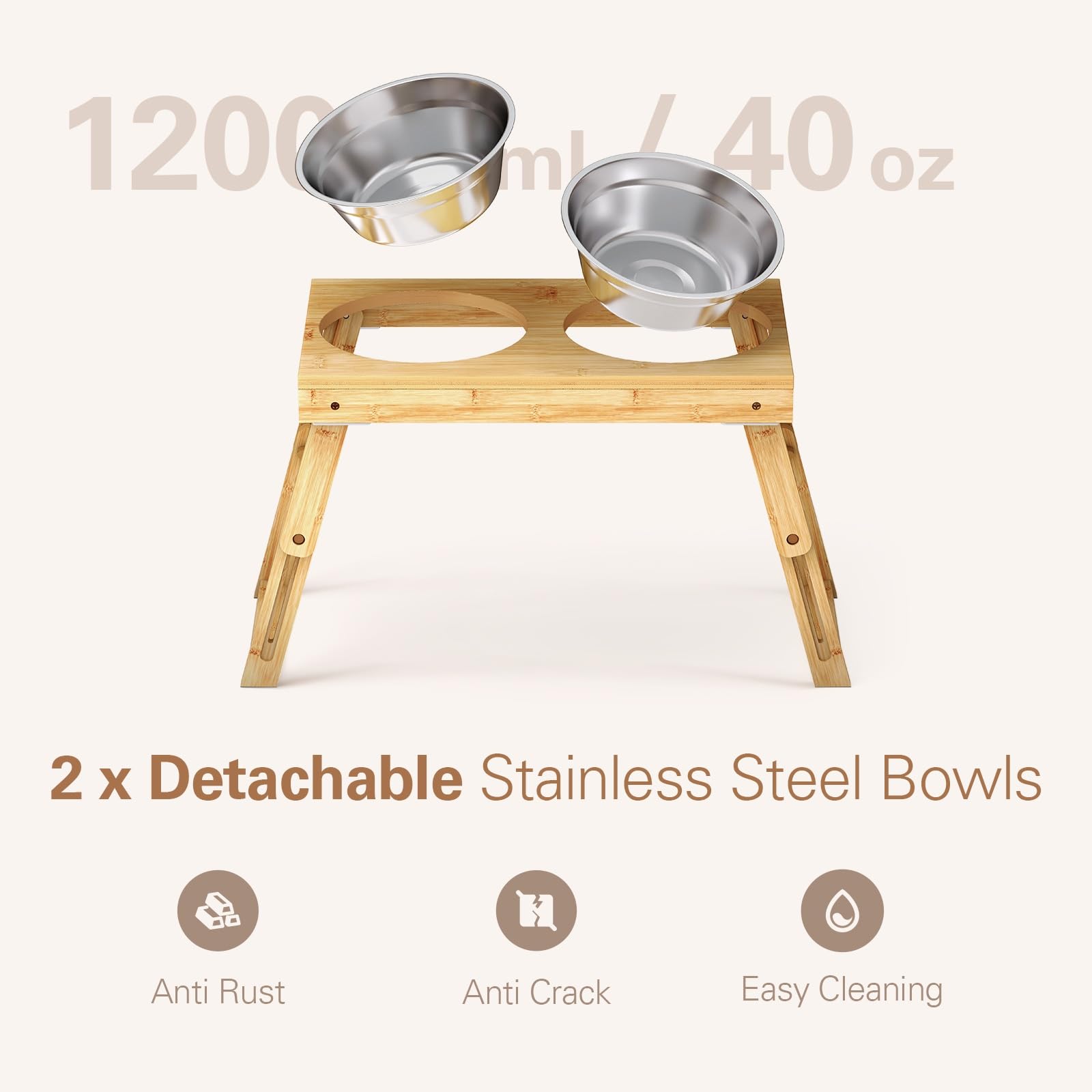 Zarler Adjustable Elevated Bamboo Dog Bowls Set - 7.5'' to 11.5'' Height Adjustable Raised Feeder with 2 Stainless Steel Bowls (1200ML Each) for Small, Medium & Large Dogs - Perfect for Dining Areas, Kitchens & Outdoor Feeding Stations