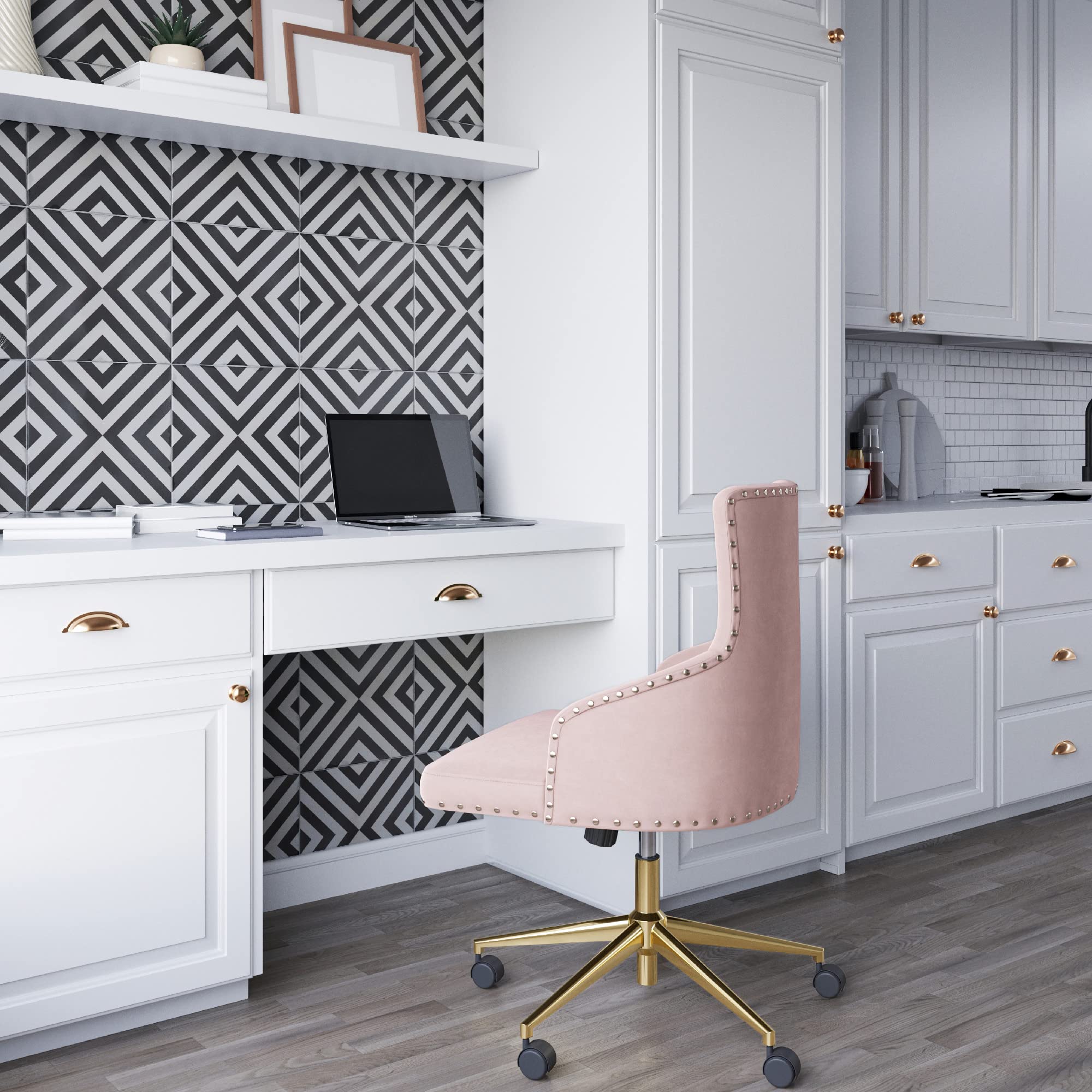 BELLEZE Modern Velvet Desk Chair - Adjustable Height Swivel Office Chair with Wheels & Tufted Upholstered Seat for Home Office, Bedroom Vanity or Gaming Setup - Pink (Belden Collection)