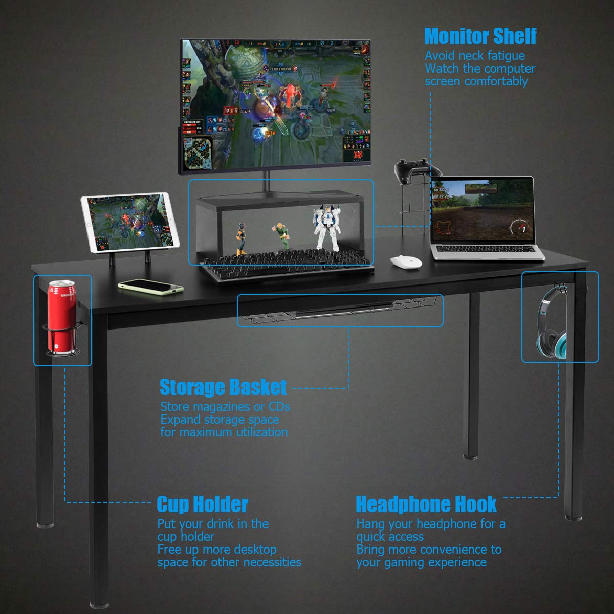 Tangkula 55 Inch Large Gaming Computer Desk - Ergonomic Home Office Desk with Monitor Shelf, Cup Holder, Tablet Board & Headphone Hook - Study Workstation with Storage Basket for PC, Laptop & Console Gaming (Black) - Perfect for Home Office, Gaming Setup & Remote Workstations