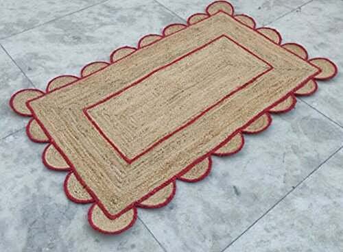 Handwoven Jute Area Rug - 7x7 Square Feet Scalloped Edge with Red Border - Natural Beige Farmhouse Rug for Bedroom, Living Room, Kitchen - Eco-Friendly Braided Floor Mat for Boho & Rustic Home Decor