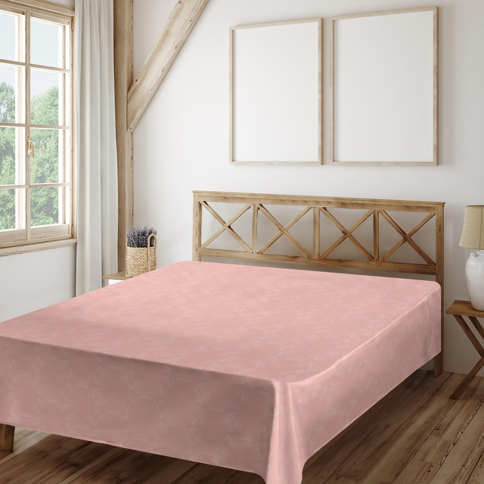 Ambesonne Peach Queen Size Flat Sheet - Soft Coral Monochrome with Crown & Floral Abstract Design | Faded Look Luxury Bedding | Perfect for Master Bedroom, Guest Room & Coastal Decor