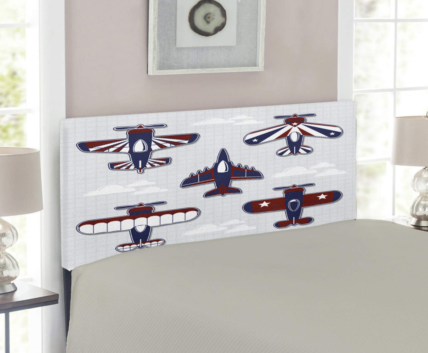 Lunarable Cartoon Twin Size Headboard - Patriotic Toy Planes with Stripes & Stars Design, Upholstered Metal Bed Frame with Memory Foam in White, Blue & Red | Perfect for Kids' Bedrooms, Nursery Decor & Themed Bedrooms