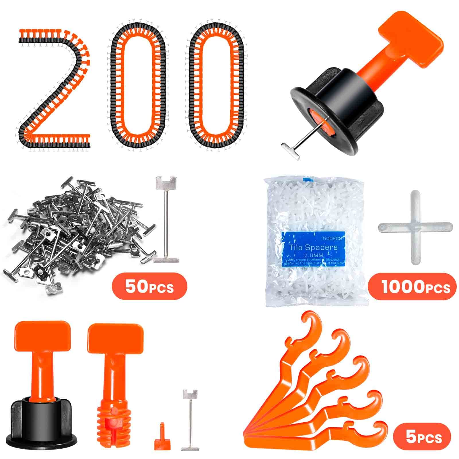 200pcs Reusable Tile Leveling System Kit with 1000pcs 1/12