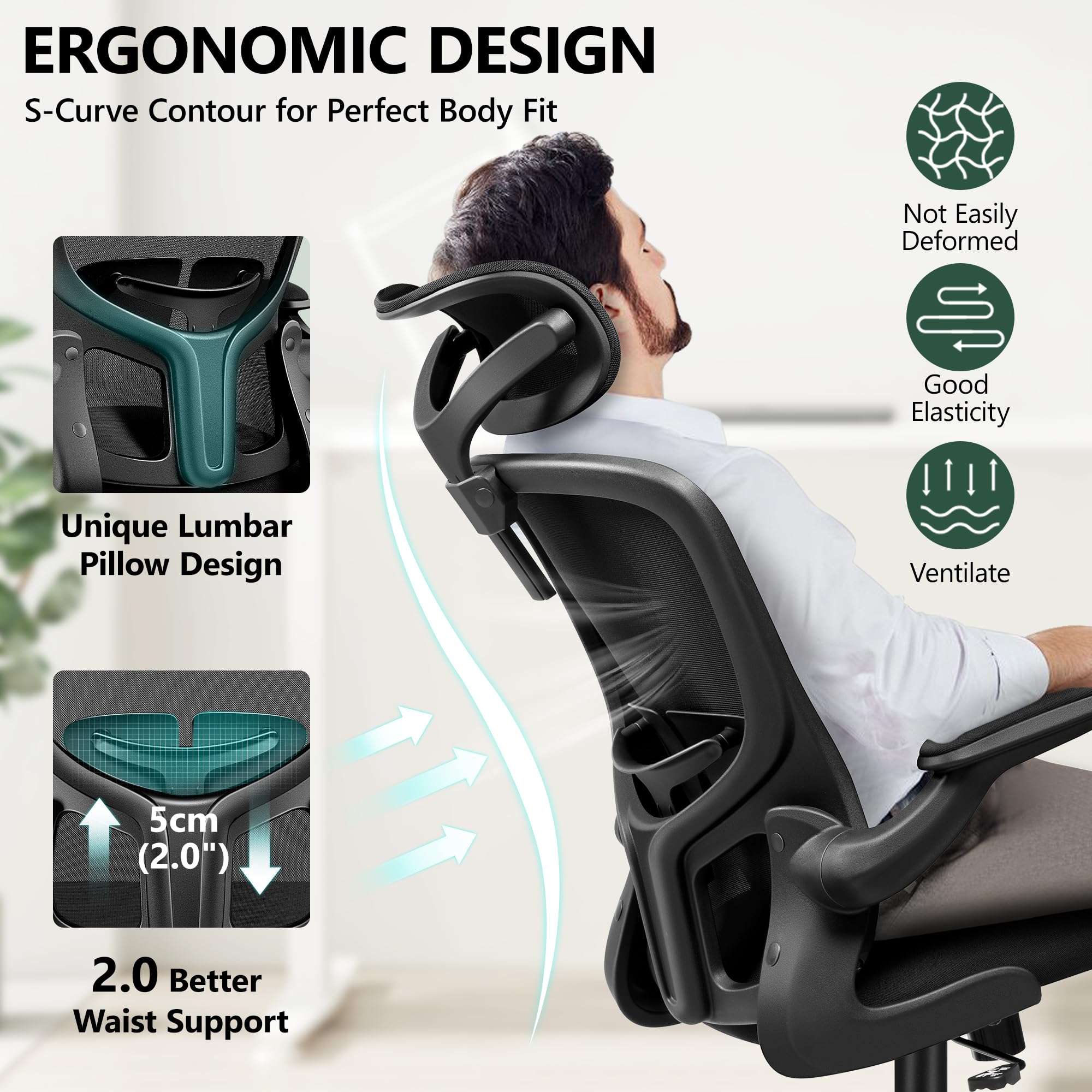 FelixKing Ergonomic Office Chair with Adjustable Lumbar Support, High Back Computer Desk Chair with Headrest & Flip-Up Armrests - Executive Swivel Chair with Wheels for Home Office, Gaming & Workspace Comfort