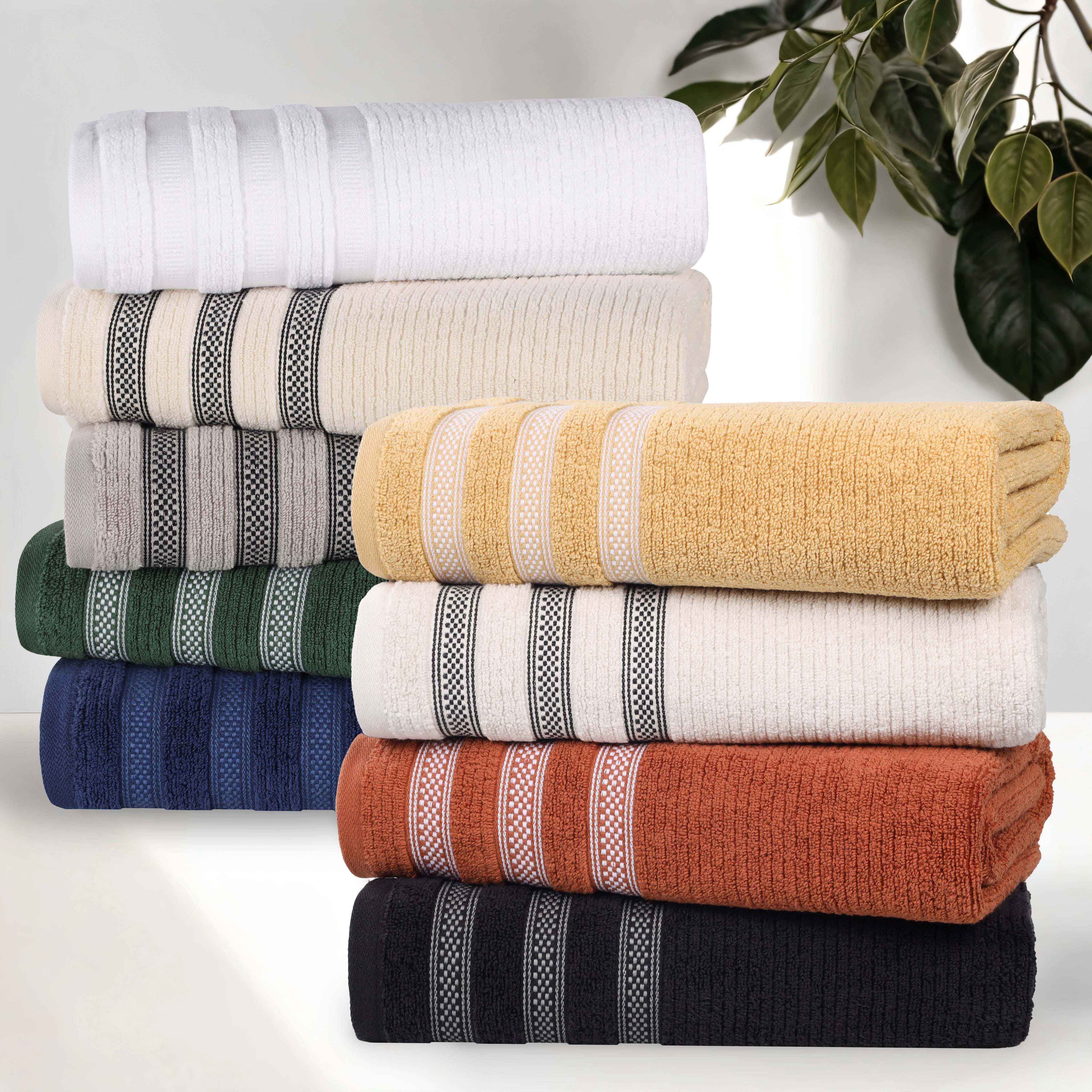 Premium Zero Twist Cotton Ribbed Geometric Border Plush 3-Piece Bath Towel Set - Ultra Soft & Absorbent for Spa, Bathroom & Luxury Home Use