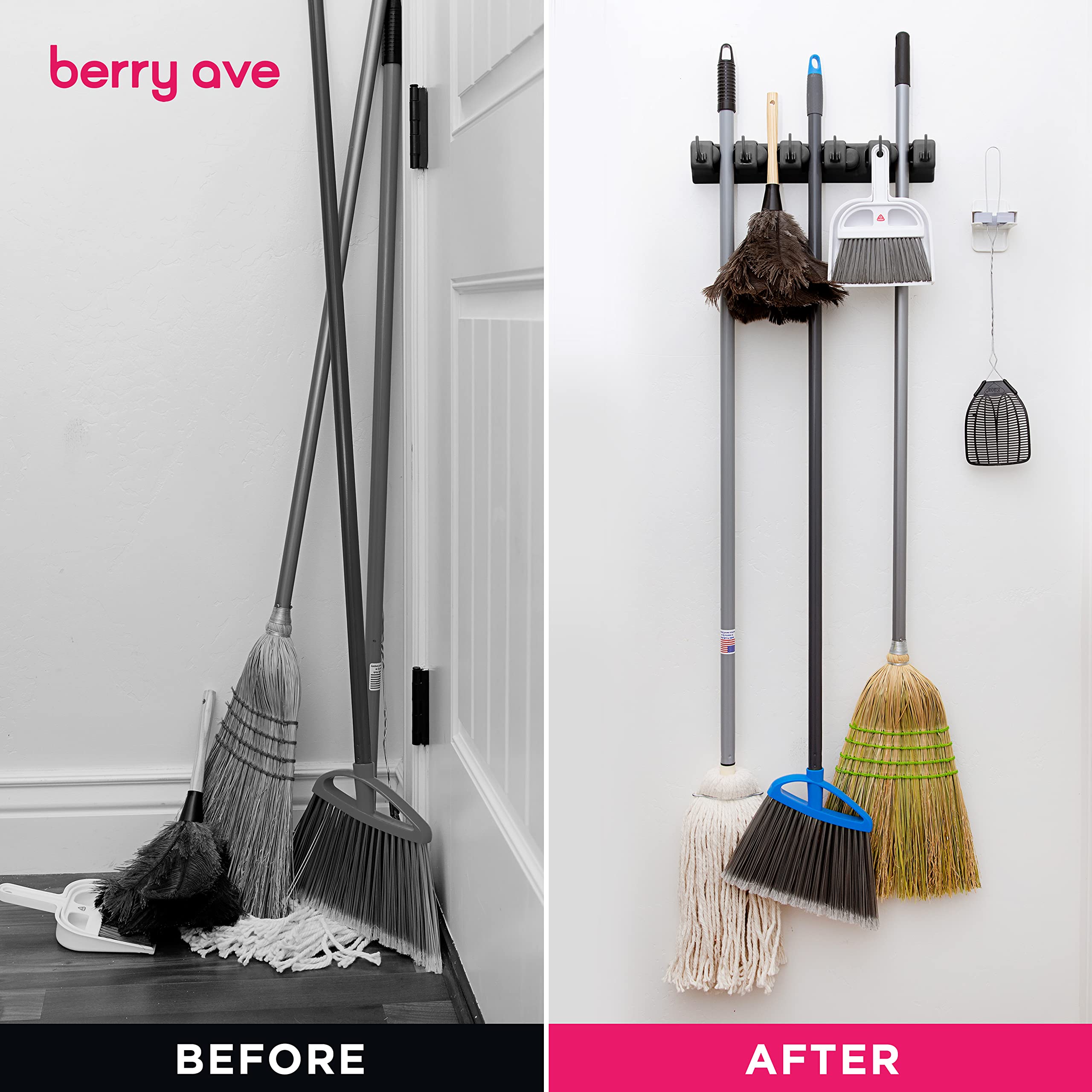 Extra Grip Wall Mount Mop & Broom Holder - Heavy Duty Utility Closet Organizer with Hooks for Garden Tools, Cleaning Supplies Storage - Perfect for Kitchen, Garage, Laundry Room Organization