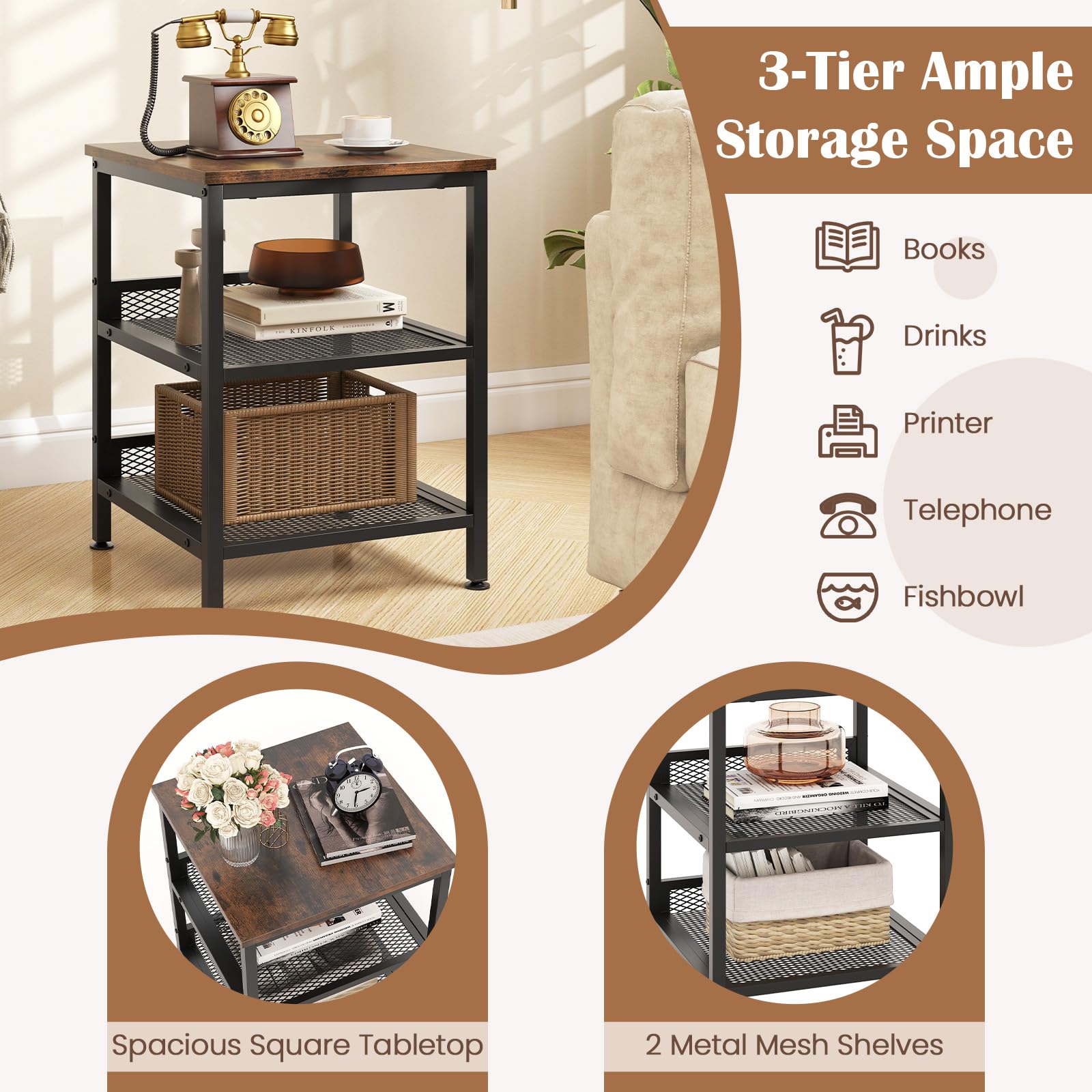 Giantex 2-Pack 3-Tier Industrial End Tables with Mesh Storage Shelves - 16