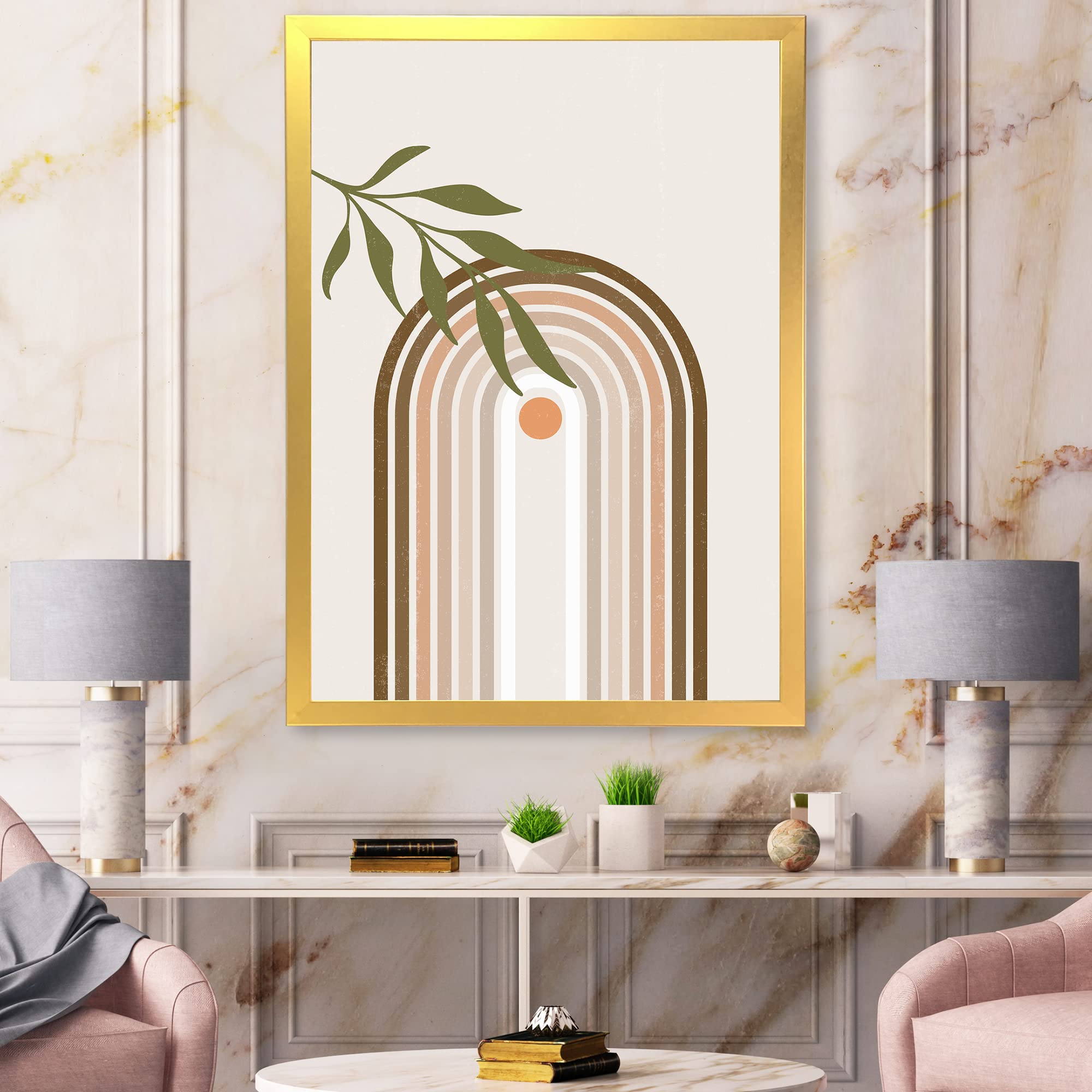Abstract Sun and Moon with Green Leaf Modern Framed Wall Art - Contemporary Home & Office Decor for Living Room, Bedroom, or Workspace