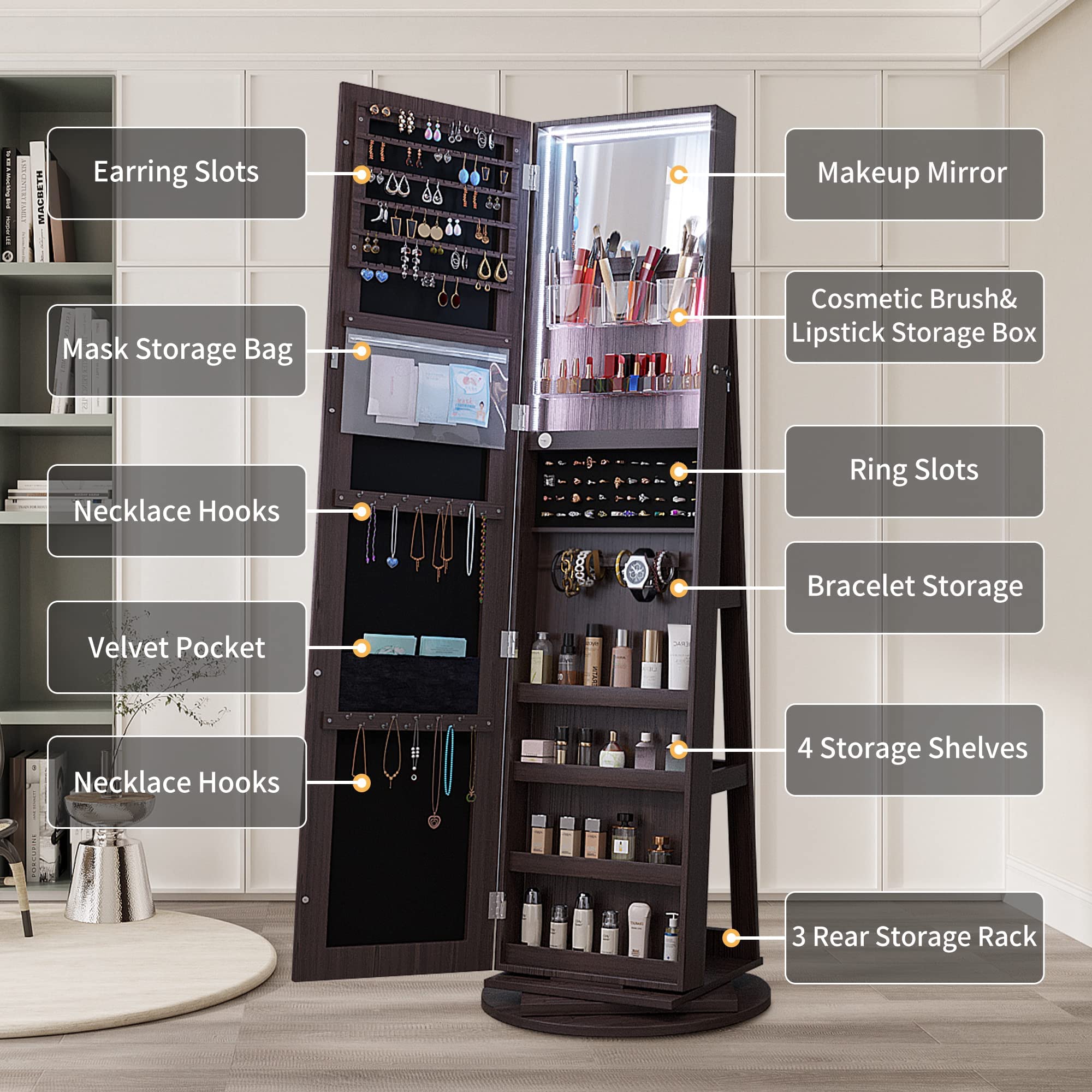 Full Length Mirror Jewelry Armoire with LED Lights - Lockable Standing Jewelry Cabinet with 360° Swivel Mirror & Storage Organizer | Perfect Gift for Women & Girls | Bedroom, Dressing Room, Closet Organization