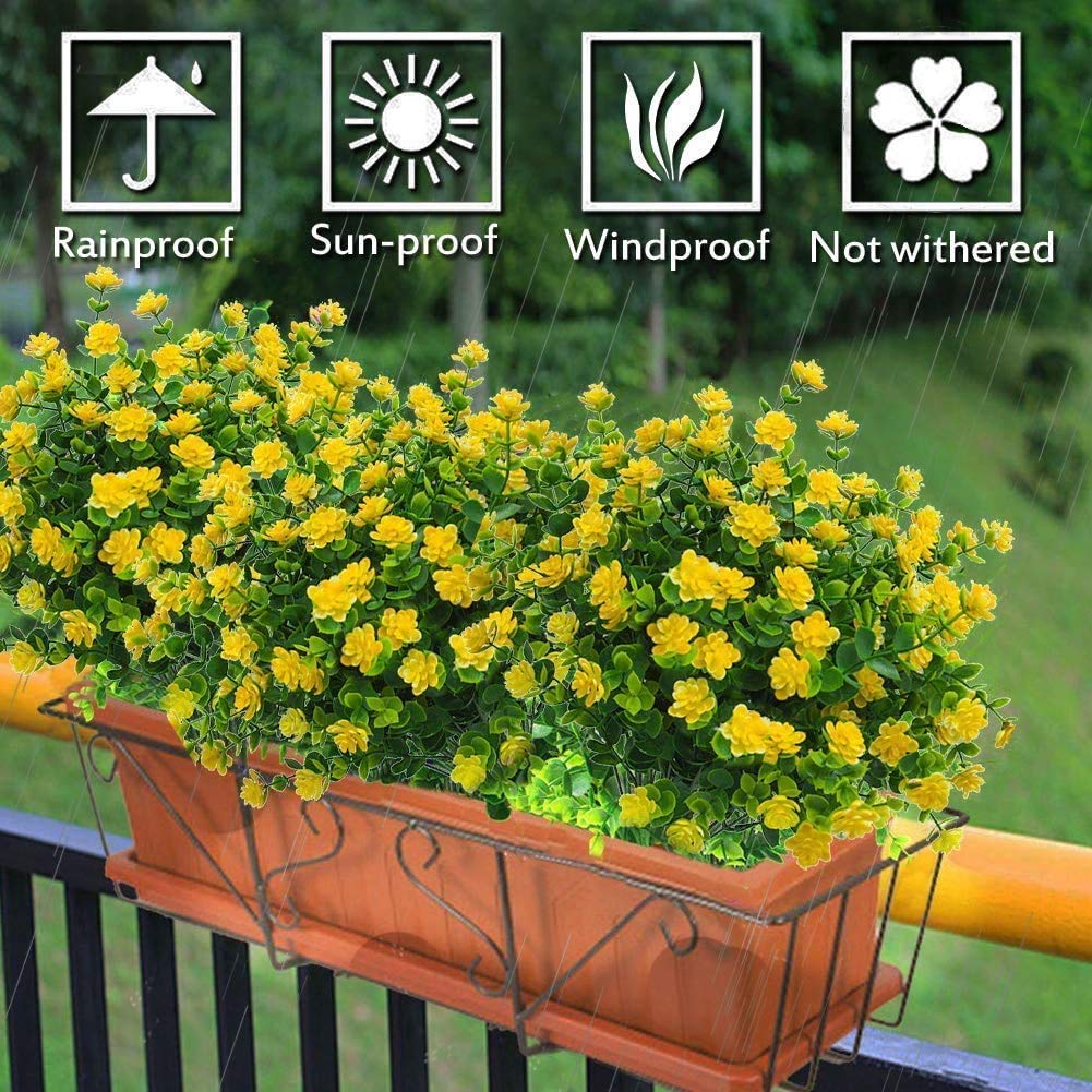 8 Bundles UV Resistant Artificial Flowers for Outdoor & Indoor - Fake Plastic Plants, Faux Greenery Shrubs for Hanging Planters - Home, Kitchen, Office, Wedding & Garden Décor (Yellow, 8pcs) - Perfect for Patio, Balcony & Table Centerpieces