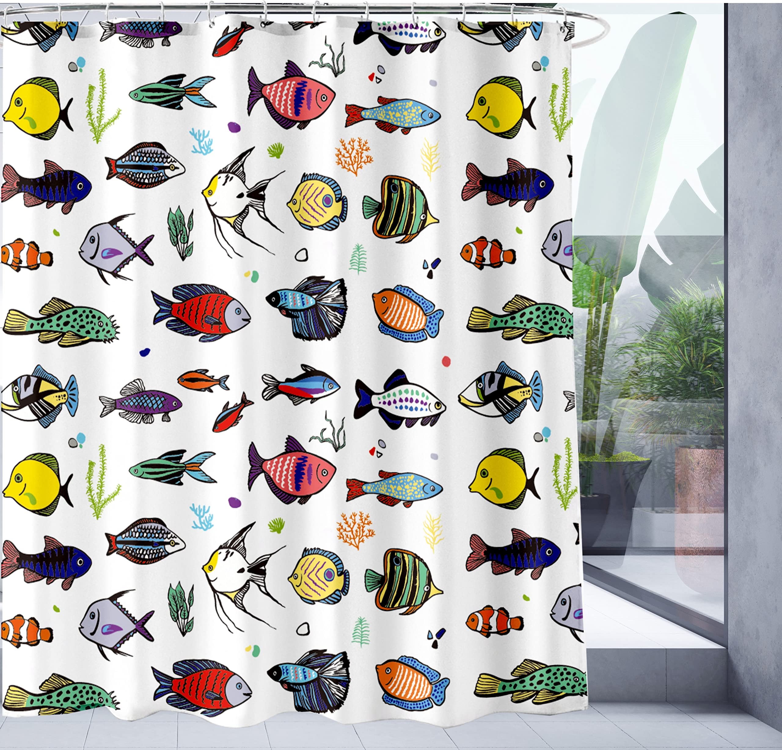 Abstract Fish Artistic Print Shower Curtain - 72x72 Inches White Polyester Fabric Bathroom Decor with Clear View | Perfect for Coastal, Nautical & Ocean-Themed Bathrooms