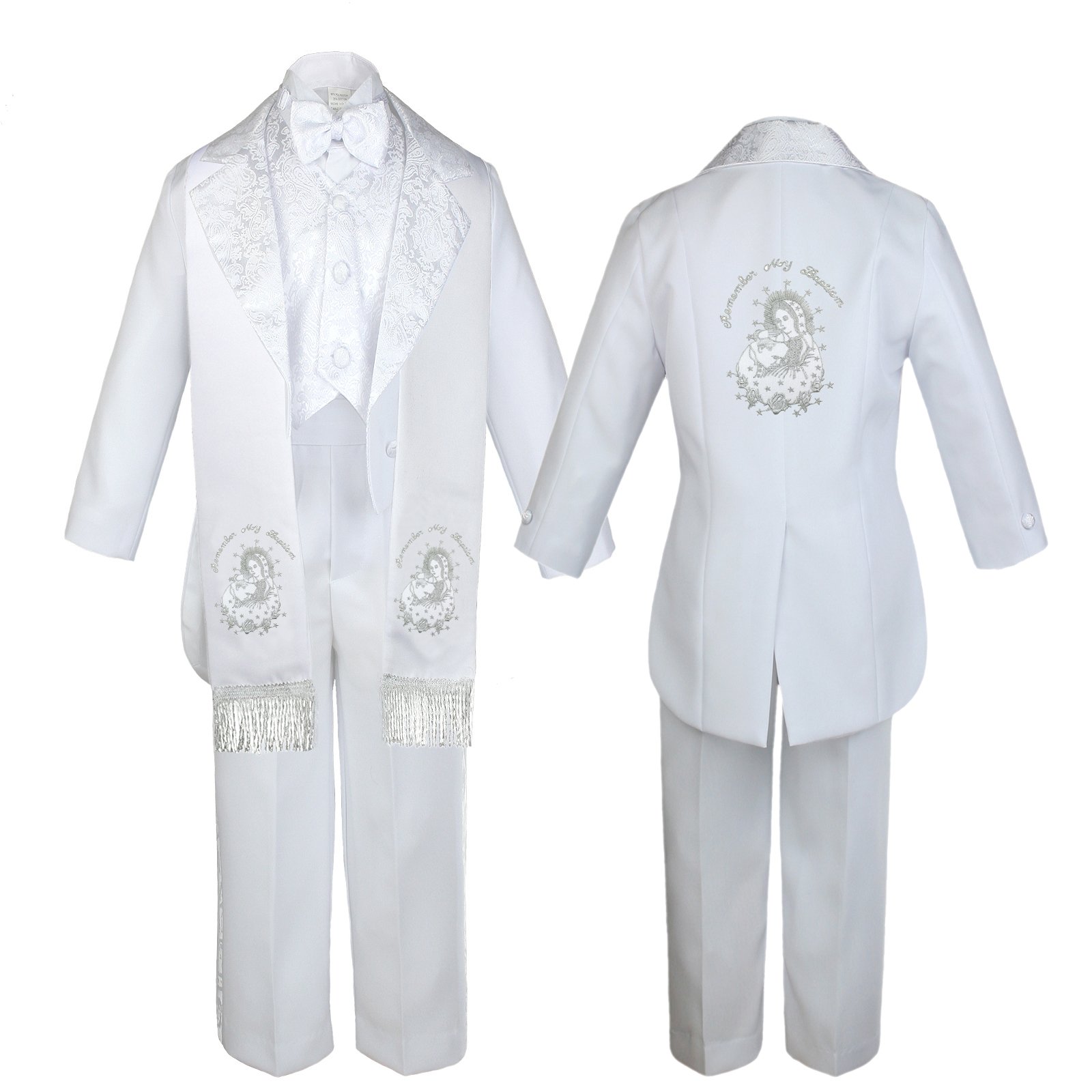 Boys Christening Tuxedo Set - White Tailcoat & Silver Mary Pope Stole for Baby Baptism & First Communion | Formal Church Occasions & Special Events