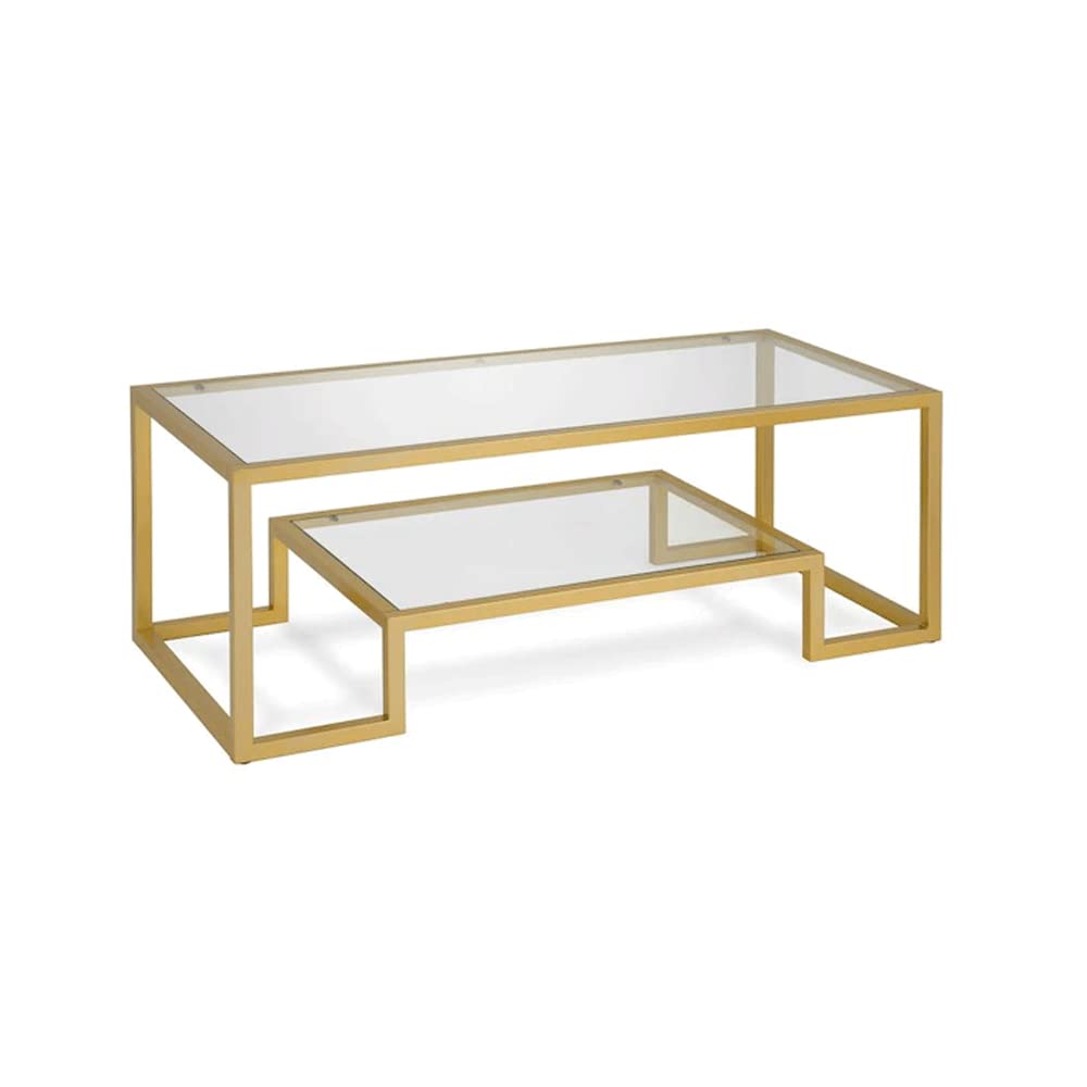 2-Tier Modern Glass Coffee Table with Metal Frame - Rectangle Side Table/End Table with Open Storage Shelf & Protective Foot Pads - 45 x 20 x 17 Inches Gold - Perfect for Living Room, Dining Room & Office Decor