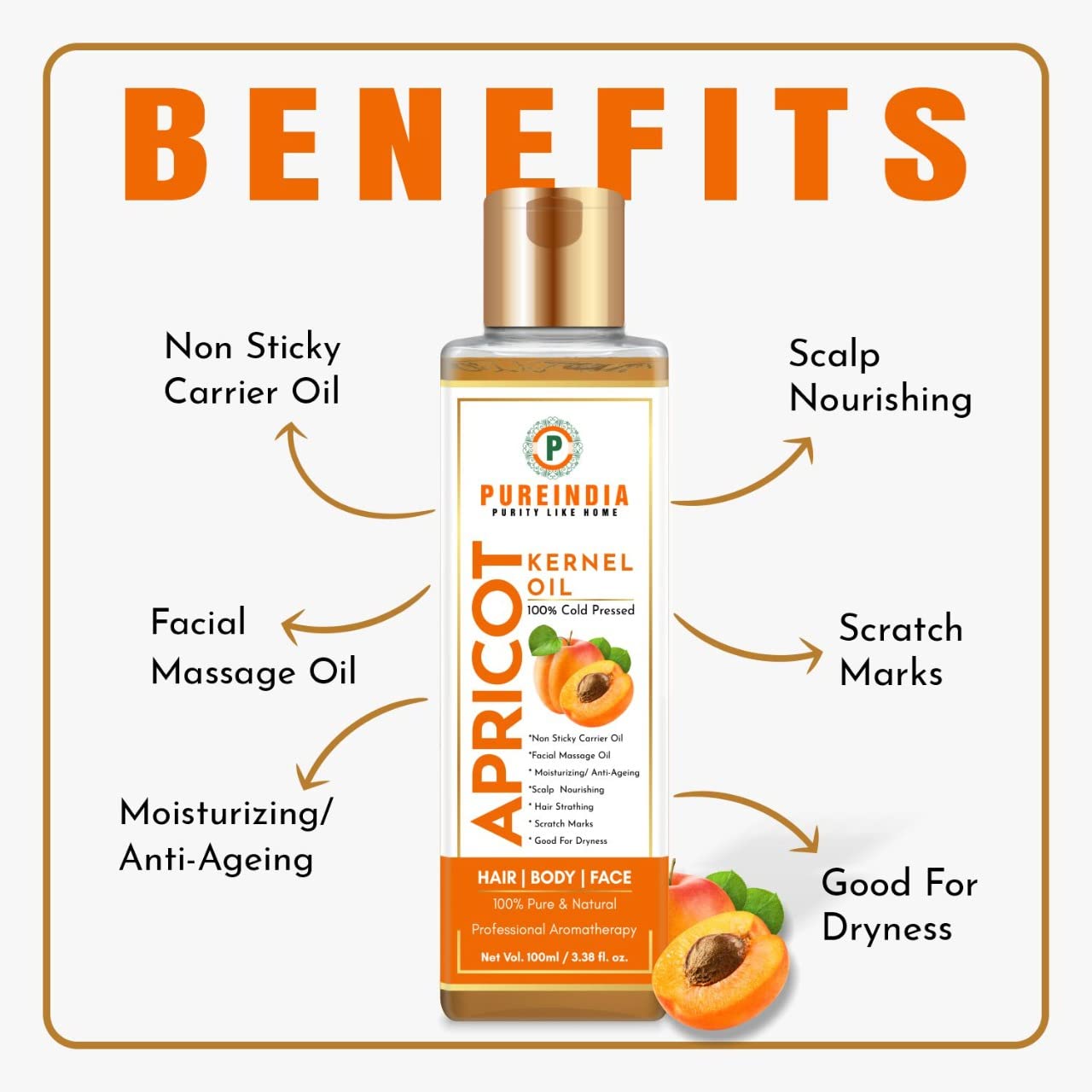 Pure Cold Pressed Apricot Oil for Face, Hair & Body - 100% Natural Anti-Aging Moisturizer for Dry Skin, Hair Growth & Nail Care | 100ml | Ideal for Massage, Aromatherapy & DIY Beauty Recipes