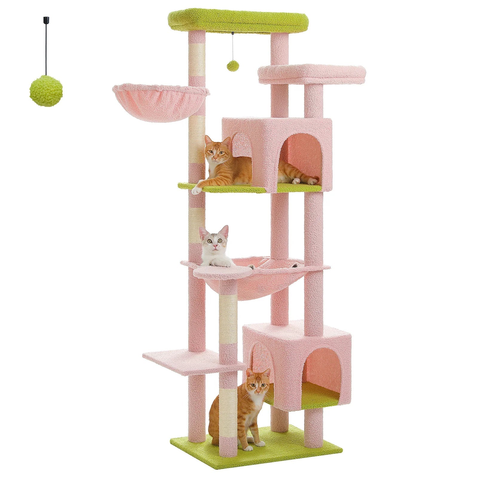 7-Level Cat Tree Tower with Scratching Posts & Condo - 175cm Tall in Pink or Green - Perfect for Indoor Cat Play & Climbing