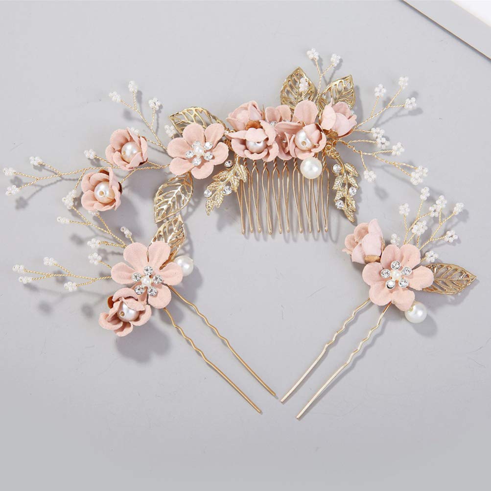 NUOBESTY 4-Piece Rhinestone Crystal Floral Bridal Hair Comb Set - Elegant Wedding Hair Clips & Pins for Brides, Prom, and Formal Events (Pink)