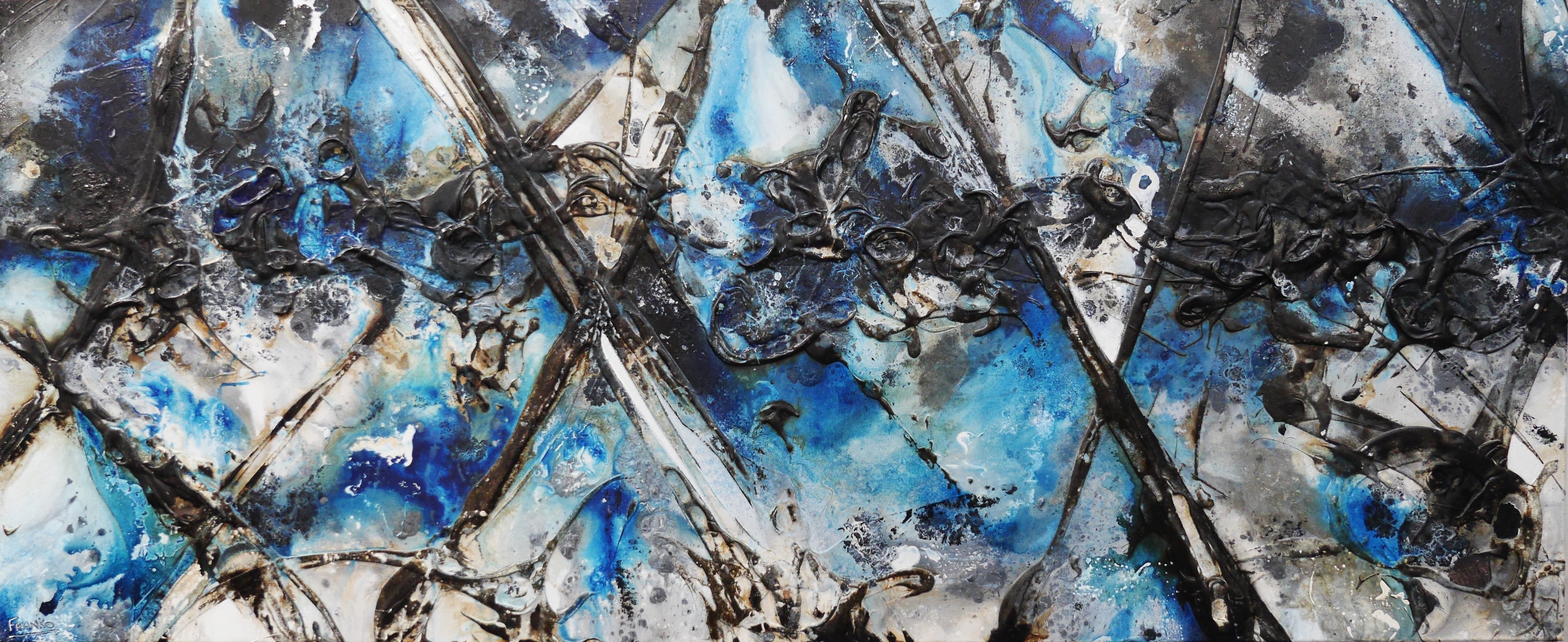 Blue Steel 240cm x 100cm Abstract Textured Painting in Blue, Black & White - Modern Wall Art for Living Room, Bedroom or Office Decor