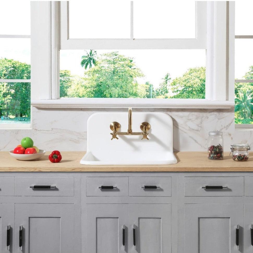 Kingston Brass Arcticstone 24 Inch Matte White Farmhouse Kitchen Sink with Backsplash - Solid Surface Durable Design for Modern & Rustic Kitchens (Model GKTA242119) | Perfect for Cooking, Washing Dishes & Food Prep