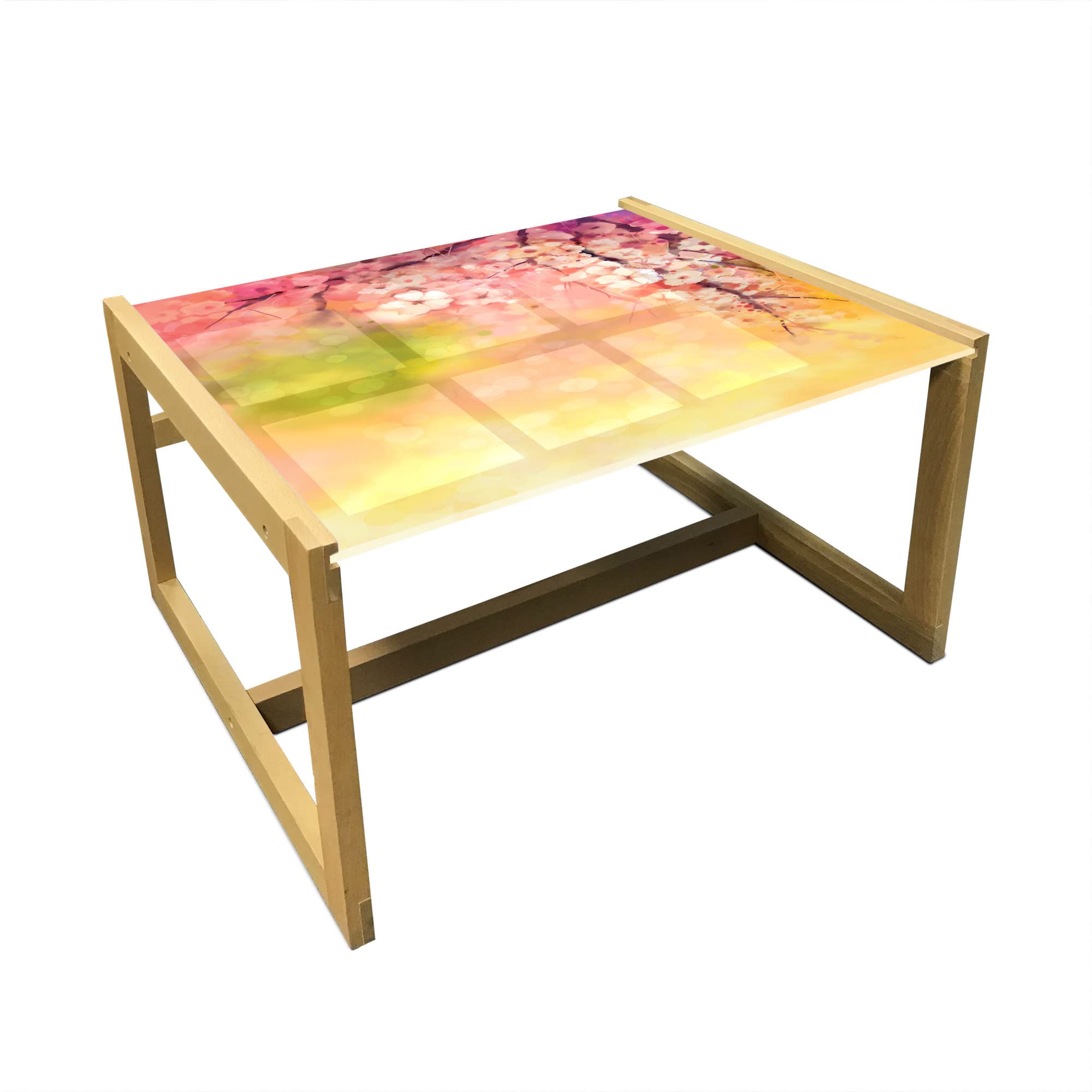 Ambesonne Japanese Cherry Blossom Coffee Table - Soft Pink Sakura Floral Design on Blurred Background, Acrylic Glass Top with Wooden Frame, Modern Center Table for Living Room, Office or Dorm Decor (Medium Size, Pink/Green/Yellow) - Perfect for Spring Decor, Asian-Inspired Interiors & Cozy Home Accents