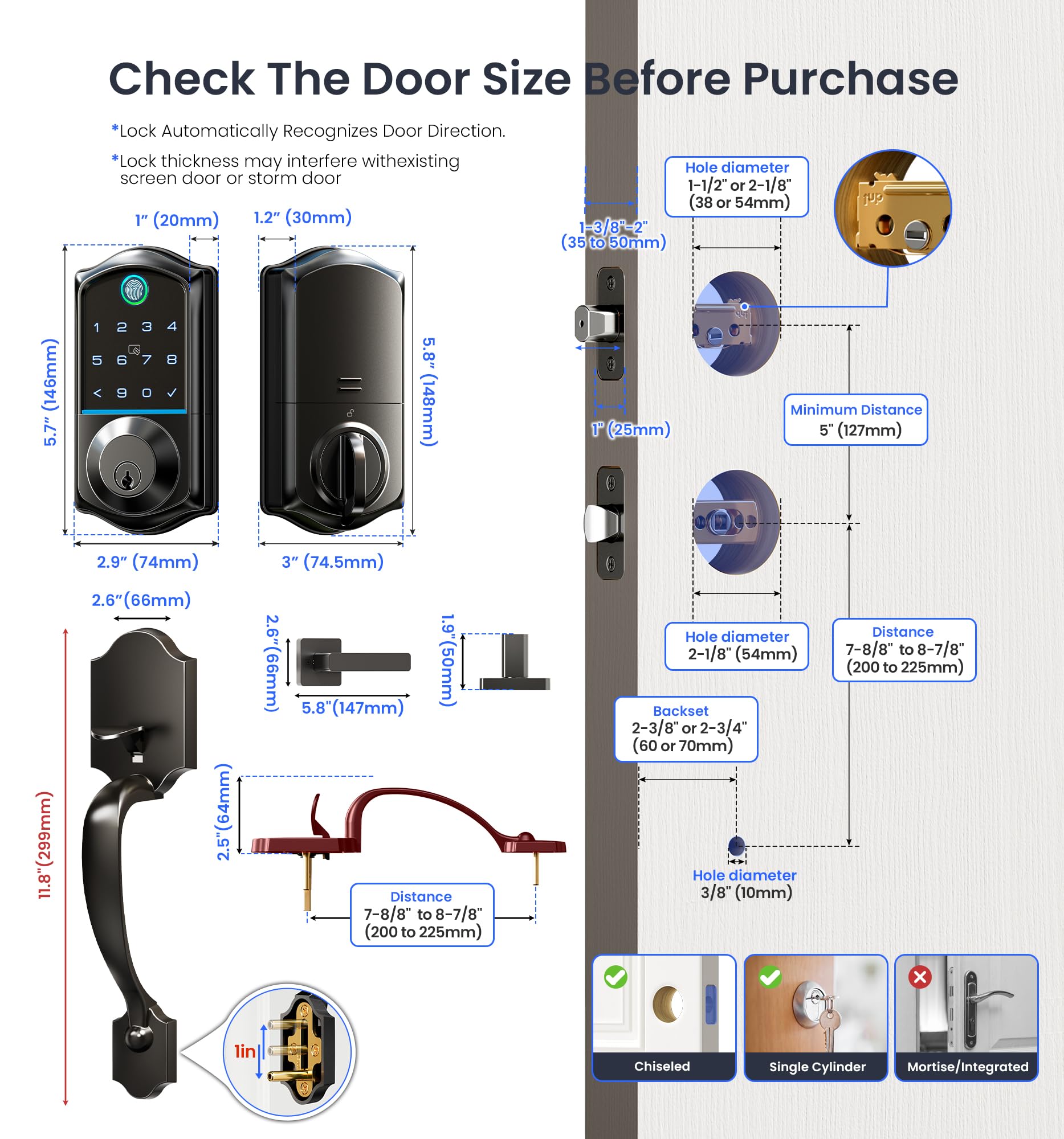 Veise Smart Front Door Lock with Fingerprint, Keyless Entry & App Control - Auto Locking, Digital Touchscreen Keypad, Emergency Power Port - Easy Install Matte Black for Home Security & Smart Access