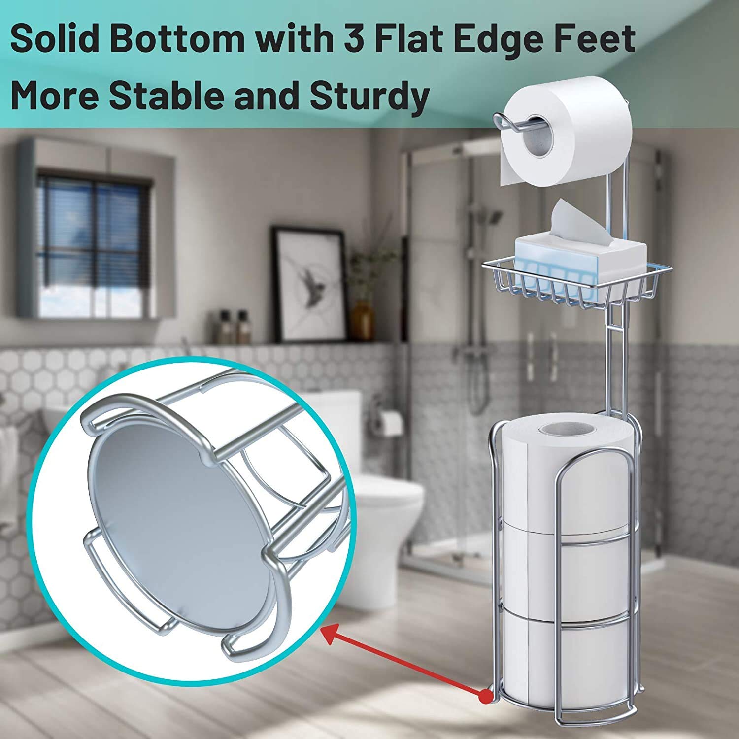 TreeLen Chrome Freestanding Toilet Paper Roll Holder with Shelf - Modern Metal Bathroom Tissue Storage Organizer for Bathroom, Kitchen, RV & Office Use