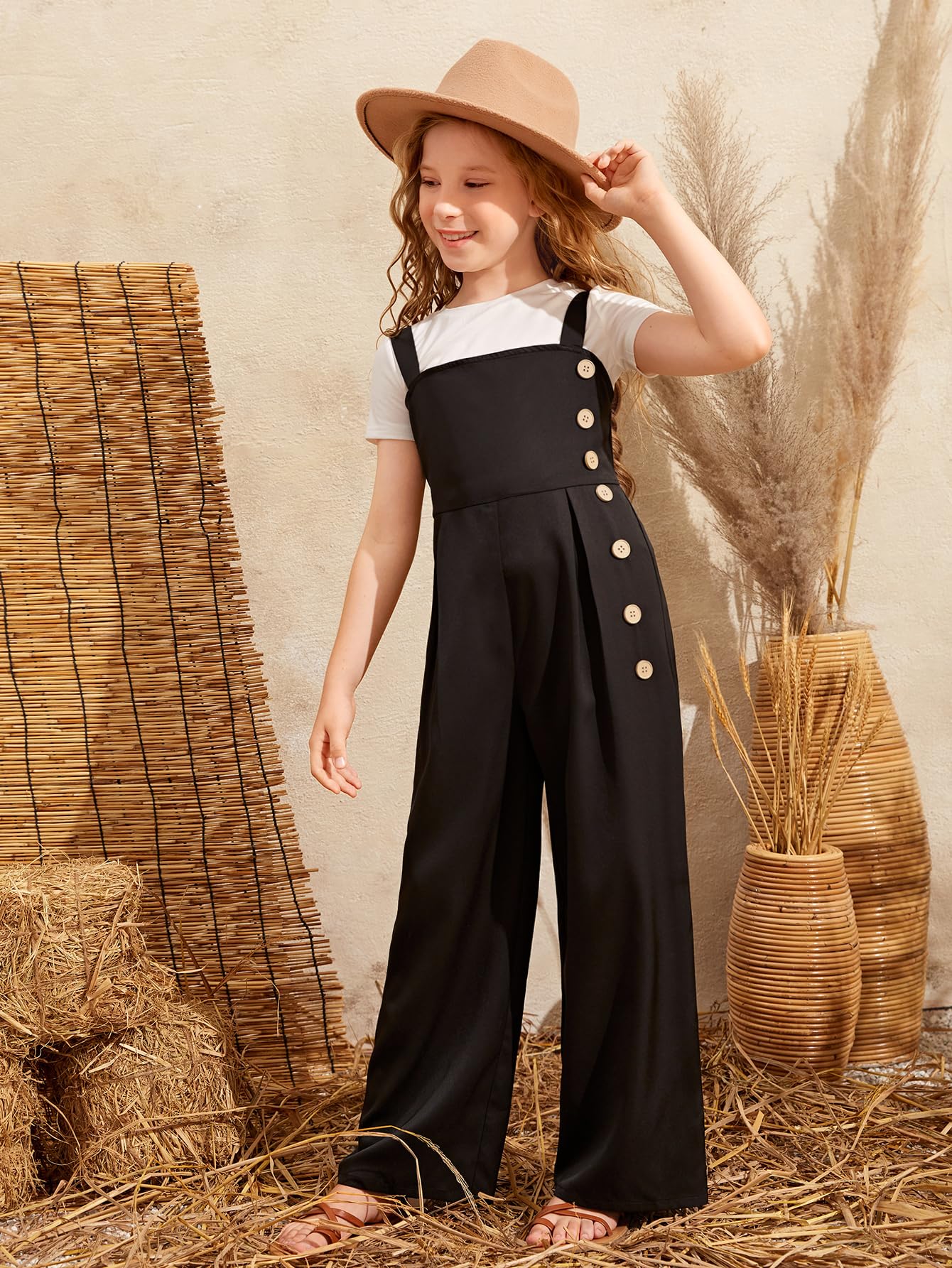 SHENHE Girls Sleeveless Denim Overalls - High Waisted Button Down Jumpsuit with Wide Leg & Adjustable Suspenders | Casual Outfit for School, Playdates & Summer Adventures