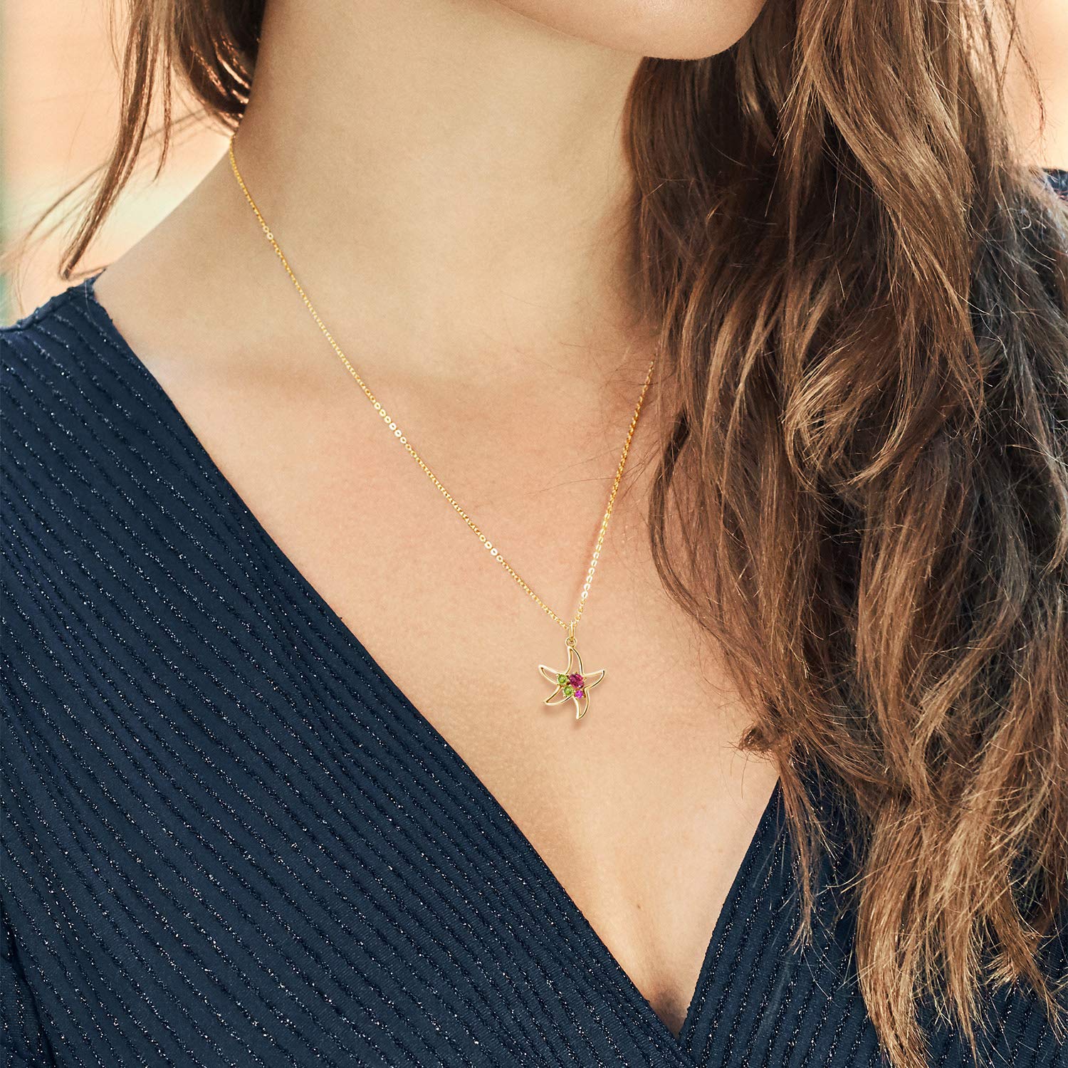 0.34 Ct Pink Tourmaline & Green Peridot Starfish Necklace - 18K Gold Plated Sterling Silver Jewelry for Women - Beach Vacation, Summer Party & Gift Giving