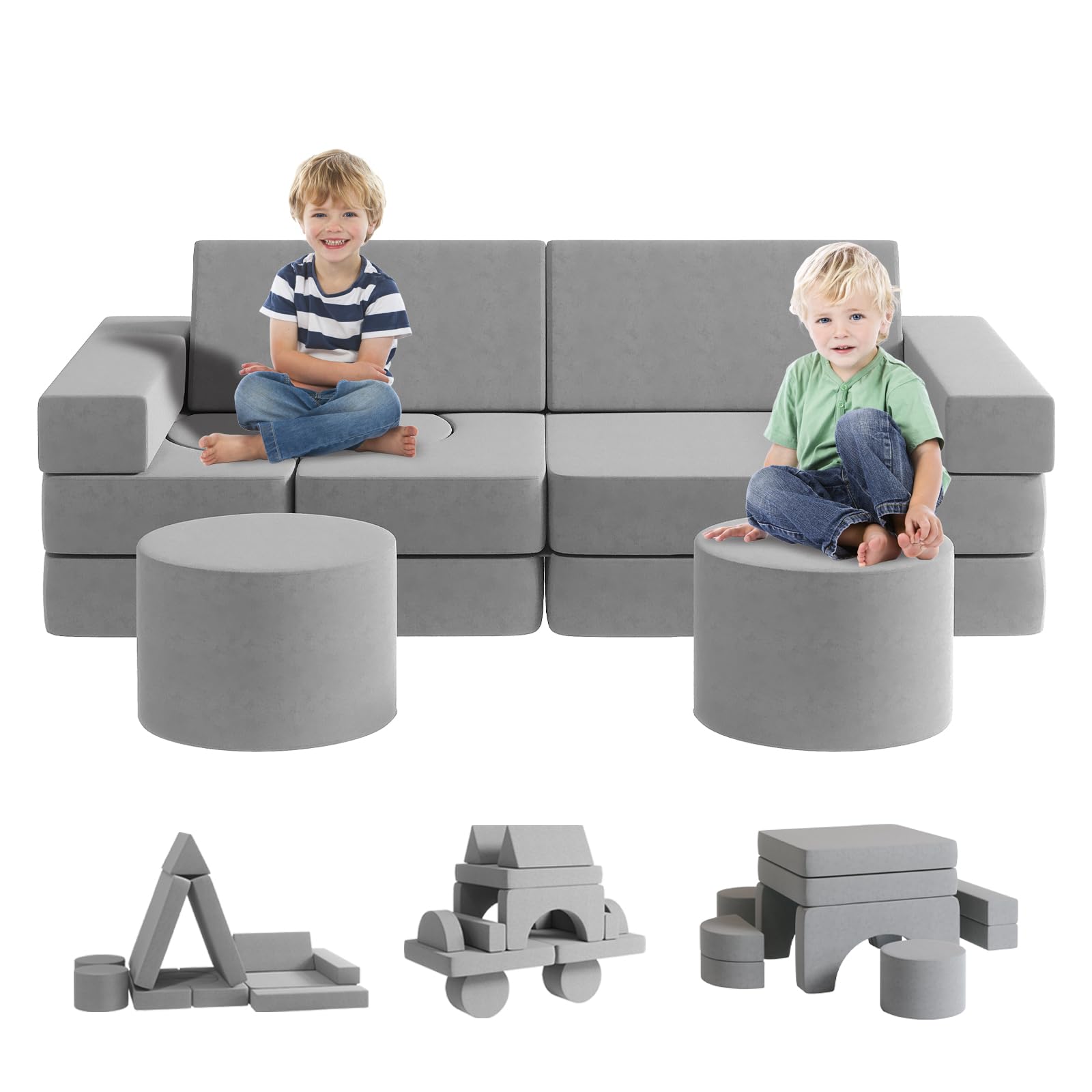 13-Piece Modular Kids Play Couch with 2 Ottomans - Foldable Playroom & Bedroom Sofa for Boys & Girls - Soft Gray Large Play Couch for Reading, Napping & Pretend Play