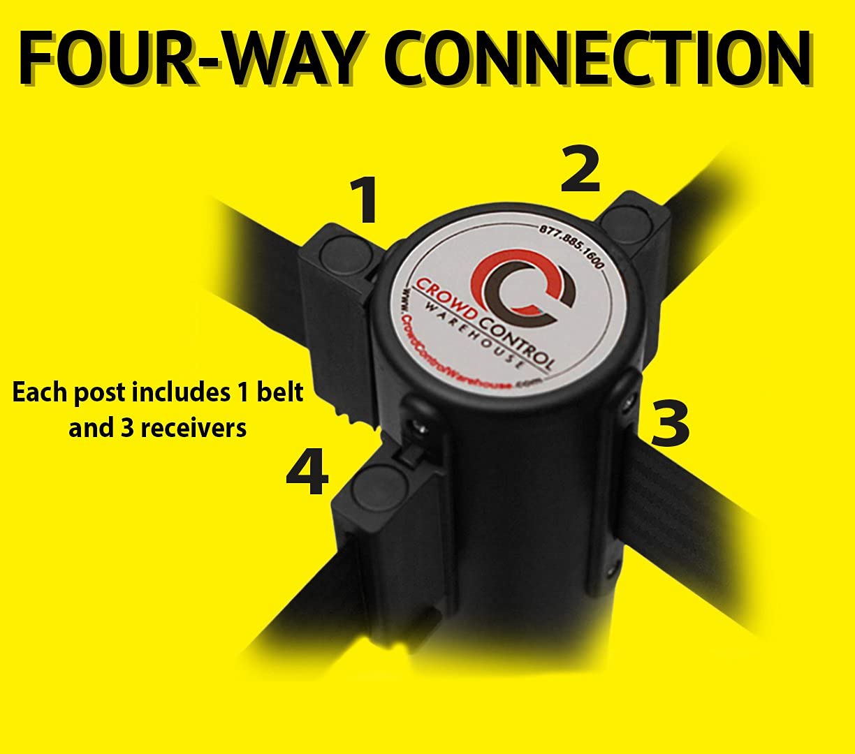 CCW Set of 2 Retractable Belt Barrier Stanchions with Cast Iron Base - Yellow Post & 11ft Black/Yellow Diagonal Belt (IRBB-100) - Perfect for Crowd Control in Retail Stores, Events & Public Spaces