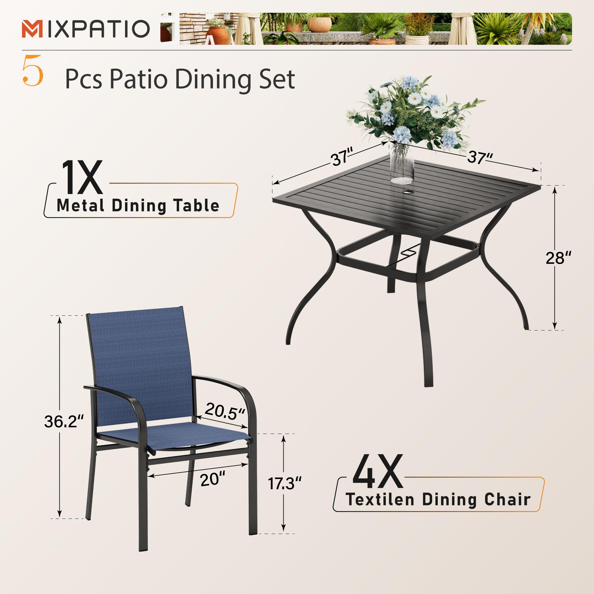 5-Piece Outdoor Dining Set with 4 Blue Chairs & 37