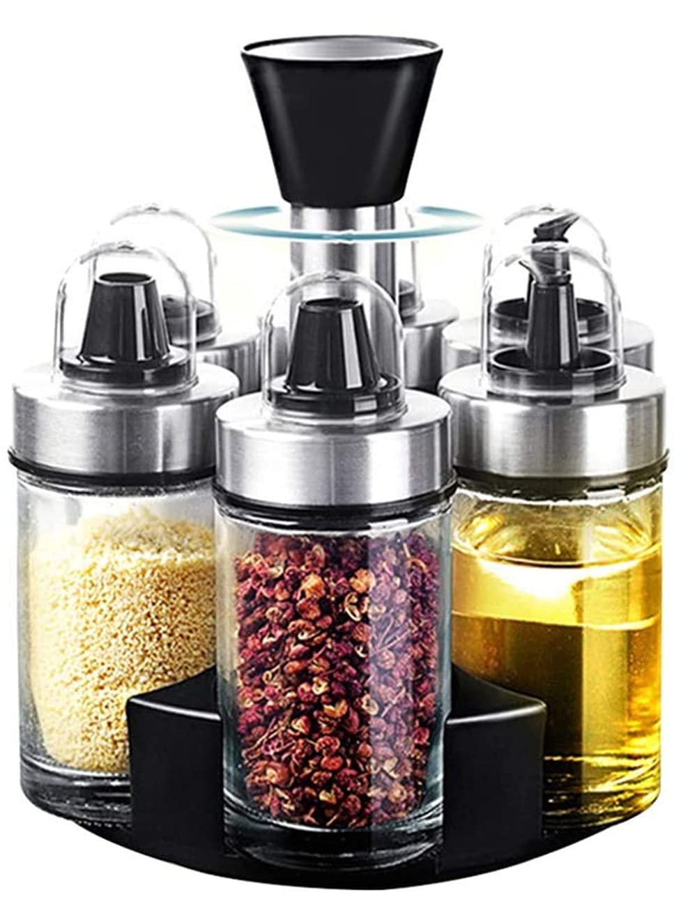 Premium Stainless Steel Hibiscus Rotary Seasoning Jar with Glass Lid - Spice Storage for Salt, Pepper & Herbs - Perfect for Kitchen Countertop & Dining Table Organization