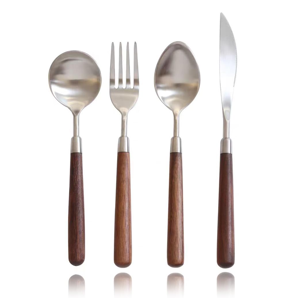 32-Piece Wooden Handle Silverware Set - 304 Stainless Steel Flatware with Retro Style - Service for 8 (Forks, Spoons, Knives) - Vintage Cutlery Set for Dining, Kitchen & Home Decor - Durable Everyday Utensils in Elegant Brown Finish