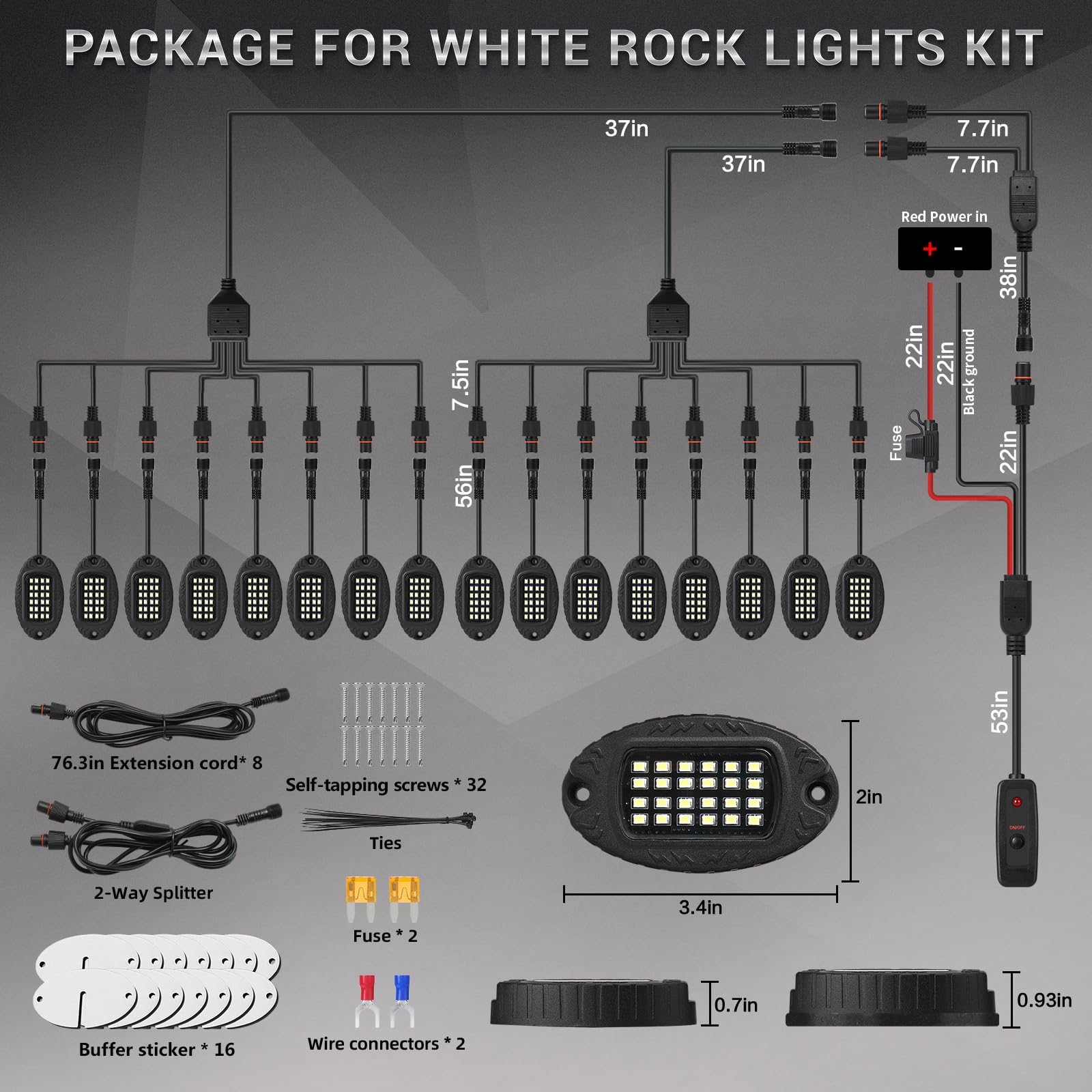 16 Pods Alloy Pure White LED Rock Lights Kit - IP68 Waterproof & Shockproof, 6500K Super Bright for Semi Trucks, Sedans, Trailers, Offroad Pickups - Underglow Neon Lighting with Extension Wires - Perfect for Night Driving, Car Shows & Off-Road Adventures