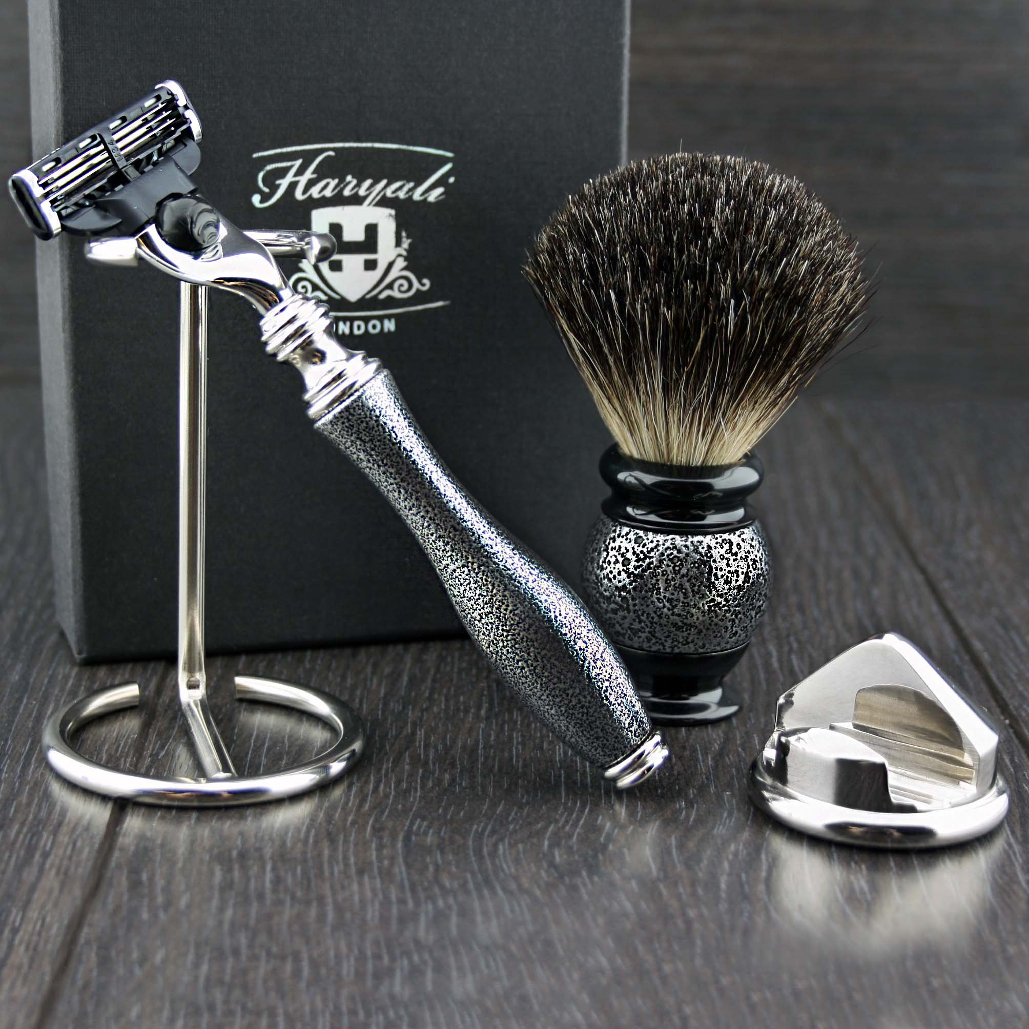 4 Piece Men's Shaving Kit with 3 Edge Razor, Black Badger Hair Shaving Brush & Stands - Premium Grooming Set for Smooth Shaving - Perfect Gift for Father's Day, Birthday & Travel Essentials