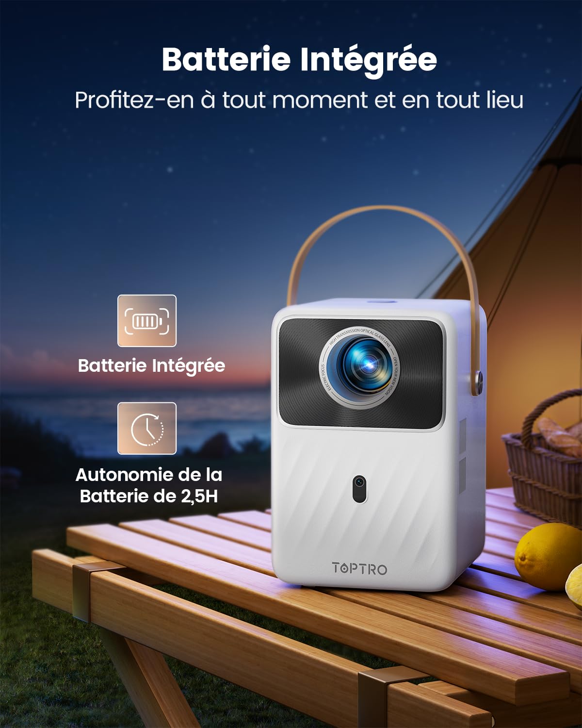 TOPTRO Portable Projector with 5G WiFi & Bluetooth - 1080P FHD Video Projector, 380 ANSI Lumens, Auto Keystone & Electric Focus - Android TV & Battery Powered for Outdoor Movies & Home Cinema