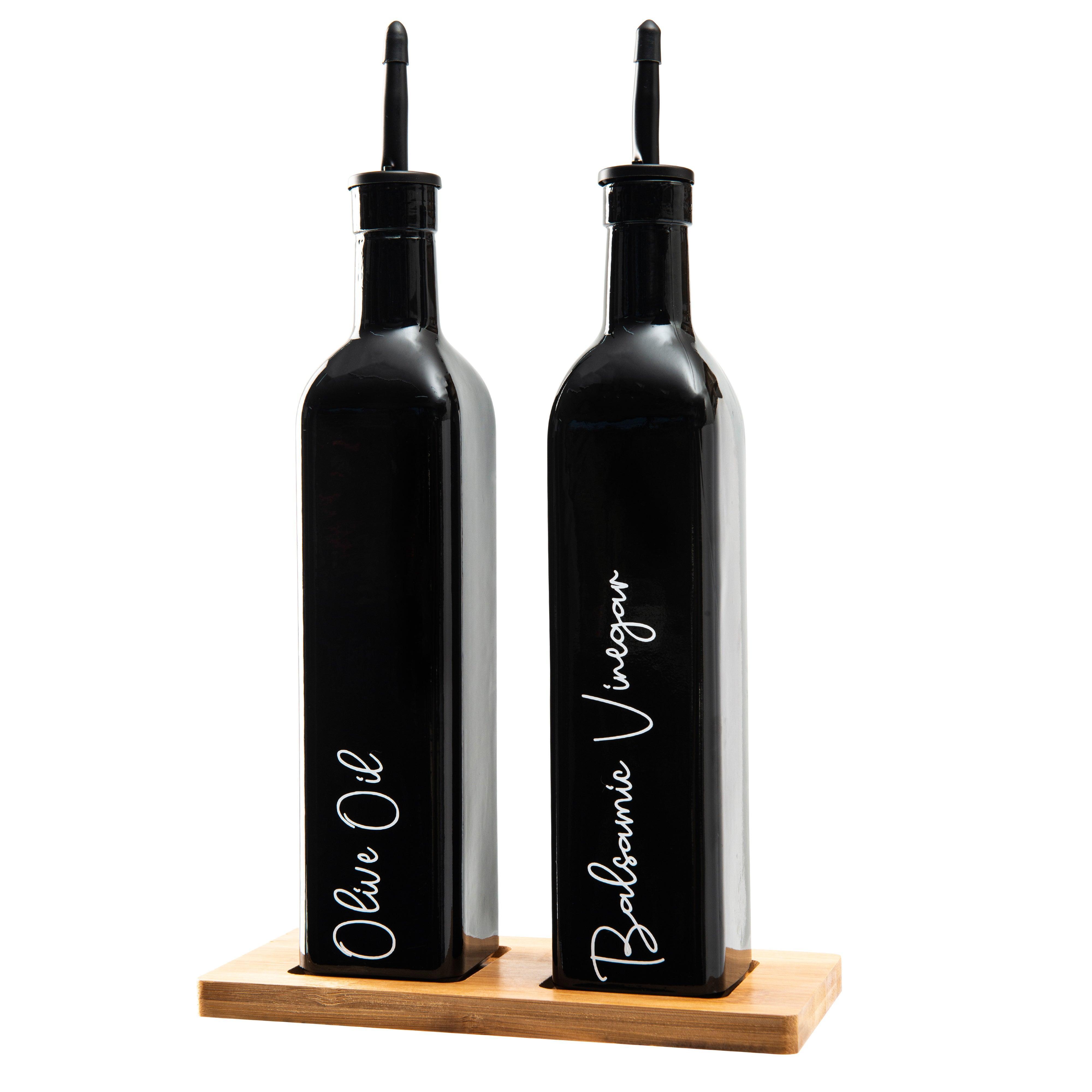 Premium 500ml Black Oil & Vinegar Bottles Set with Eco-Friendly Bamboo Tray - Perfect for Kitchen Organization & Elegant Dining Table Display