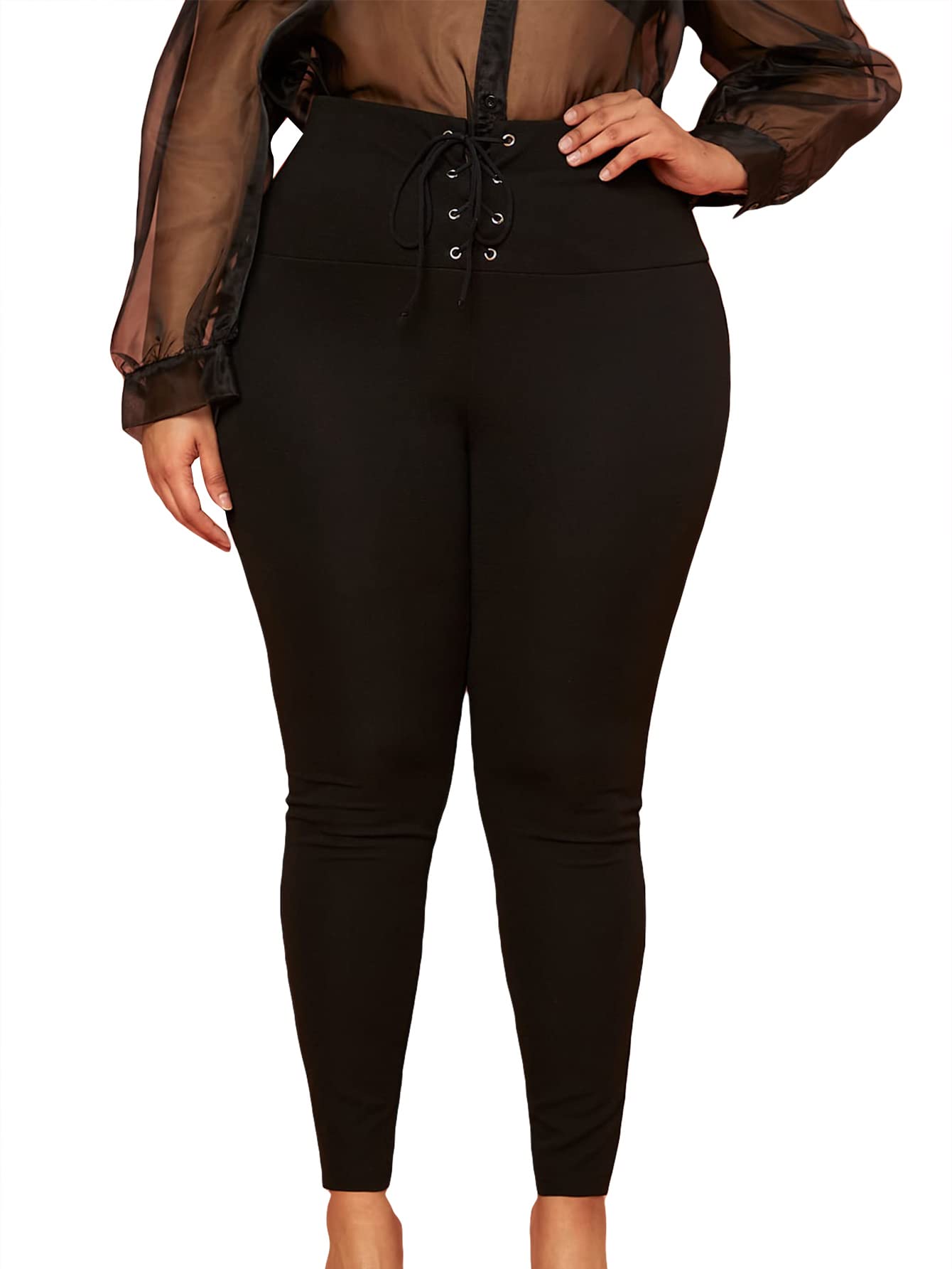 WDIRARA Women's Plus Size High Waisted Skinny Pants - Lace Up Tie Front Stretch Work Pants for Office & Business Casual Wear