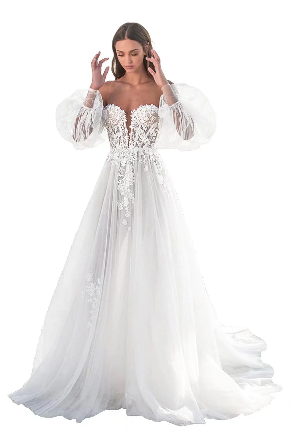 Elegant Smileven Women's Lace Applique Wedding Dress 2022 | Tulle Bridal Gown for Bride | Perfect for Church Ceremony, Beach Wedding & Reception
