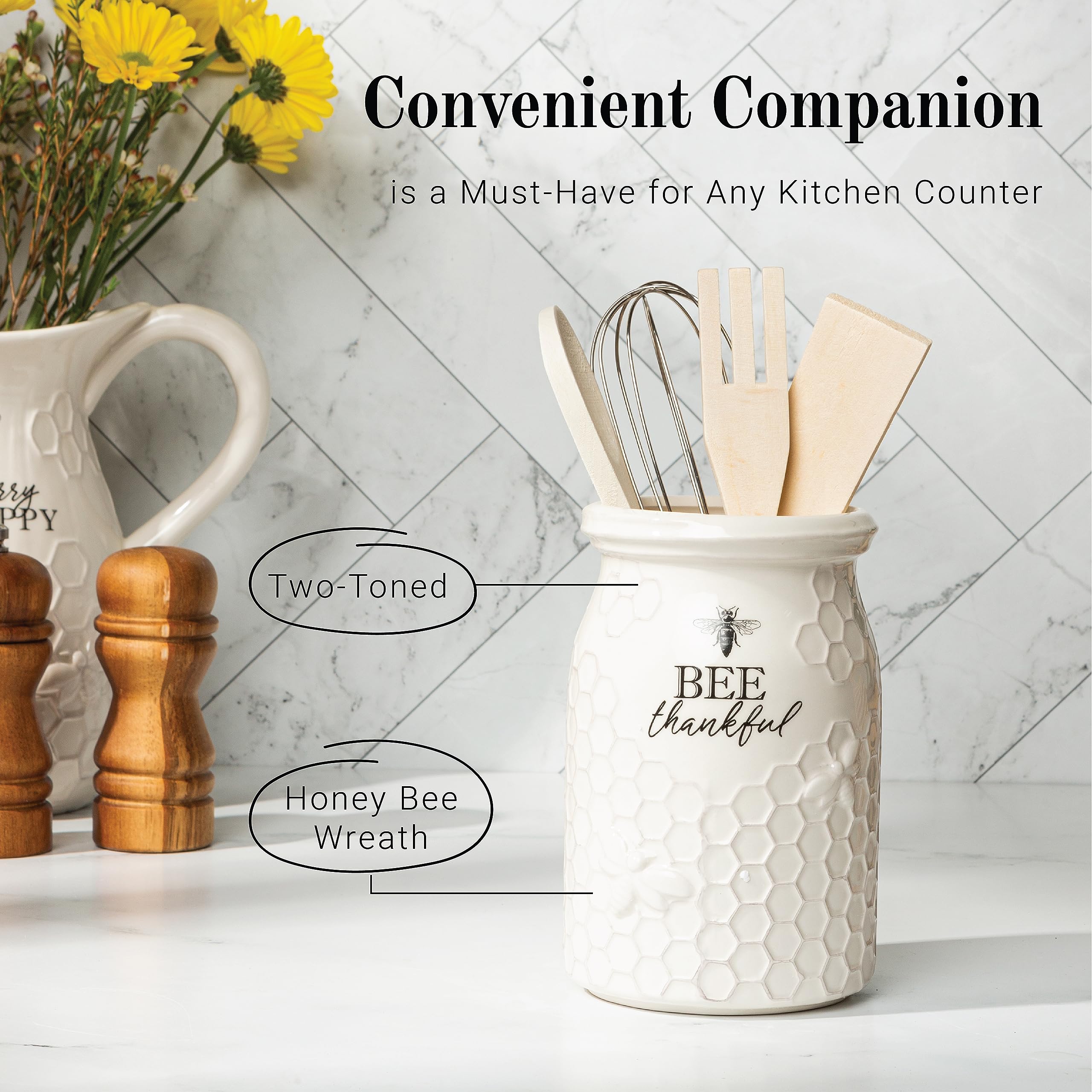 Young's Inc. Ceramic Utensil Holder for Kitchen Countertop - Large Wooden Cooking Tools Organizer with 3 Utensils - Perfect for Spoons, Spatulas & Flatware Storage - Bee Thankful Design - Ideal for Farmhouse, Modern & Rustic Kitchens