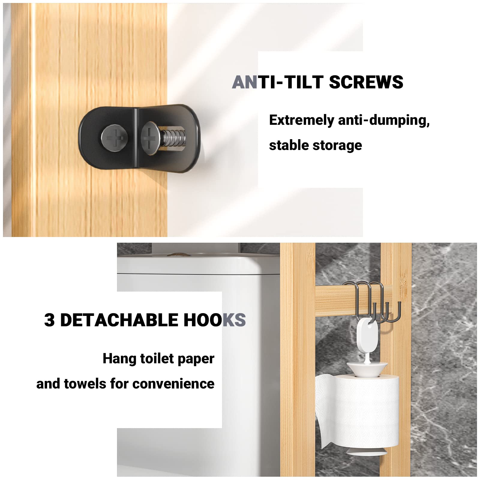 Homykic 3-Tier Over The Toilet Storage Shelf - Bamboo Bathroom Organizer with 3 Hooks, Freestanding Space-Saving Rack for Small Bathrooms, Laundry Rooms & Restrooms - Easy Assembly, Natural Finish - Perfect for Organizing Towels, Toiletries & Cleaning Supplies