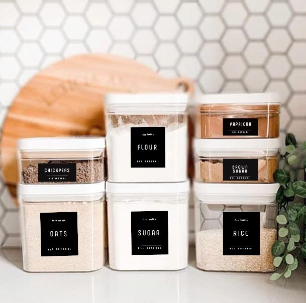 Minimalist Farmhouse Pantry Labels for Containers - 134 Preprinted Black Matte Stickers with White Text - Waterproof Organization Labels for Jars, Bottles, Canisters & Storage Bins - Perfect for Kitchen, Pantry & Home Organization