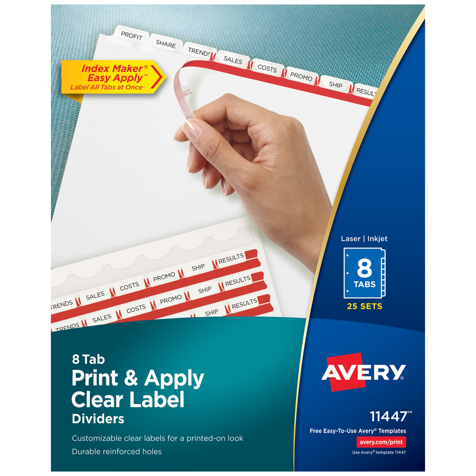 Avery 8-Tab Binder Dividers with Clear Label Strips - 25 Sets (11447) - Easy Print & Apply Index Maker for School, Office & Home Organization - White Tabs for Notebooks, Filing & Document Management
